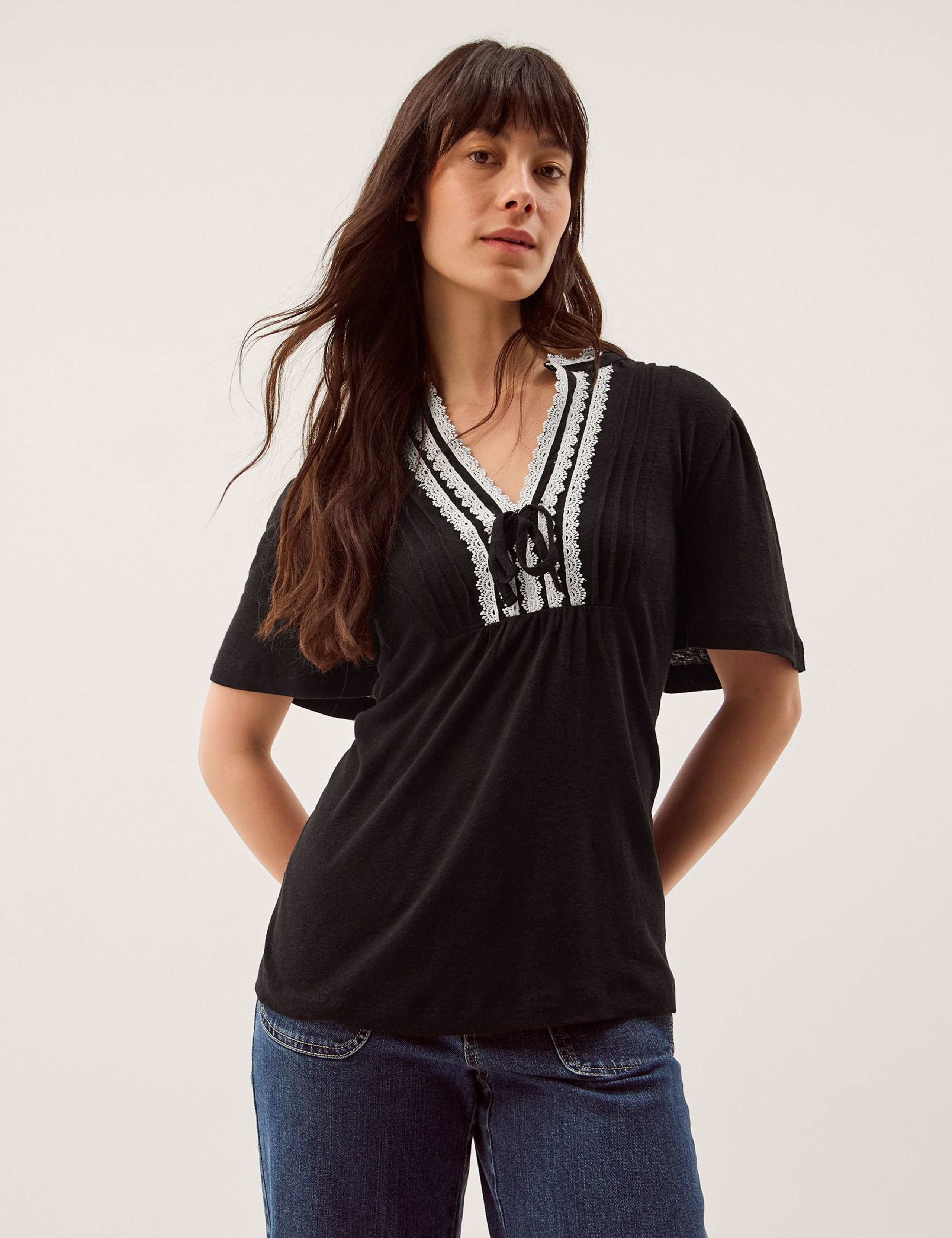Linen Rich V-Neck Lace Trim T-Shirt
