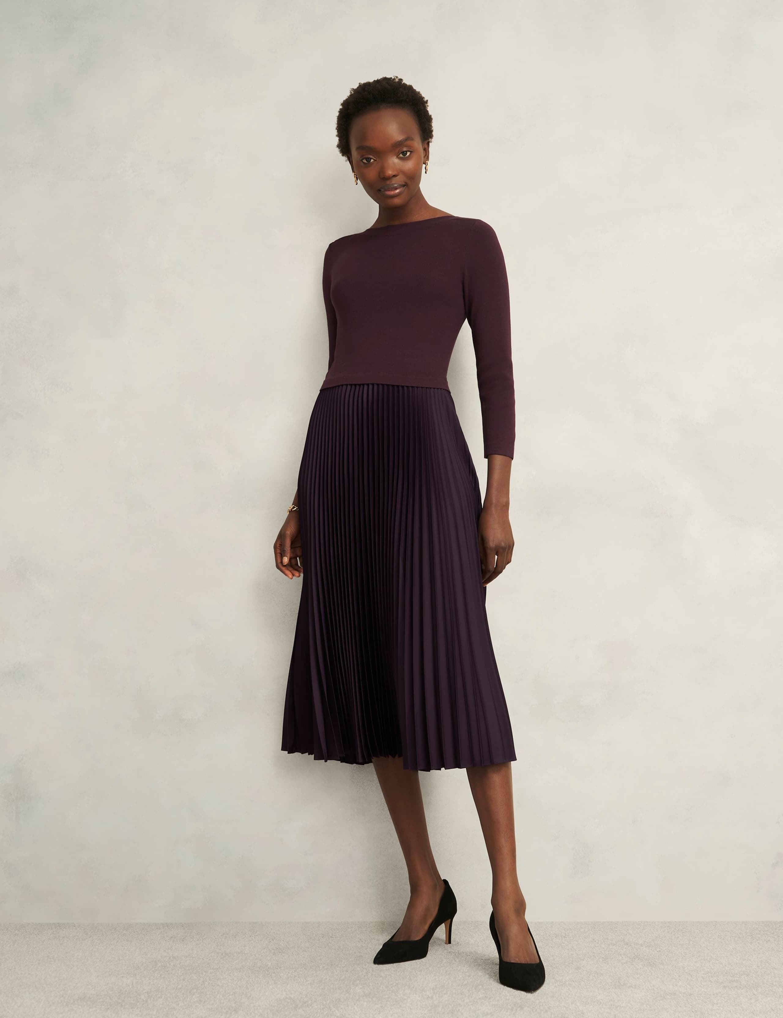 Knitted Satin Pleated Midi Skater Dress