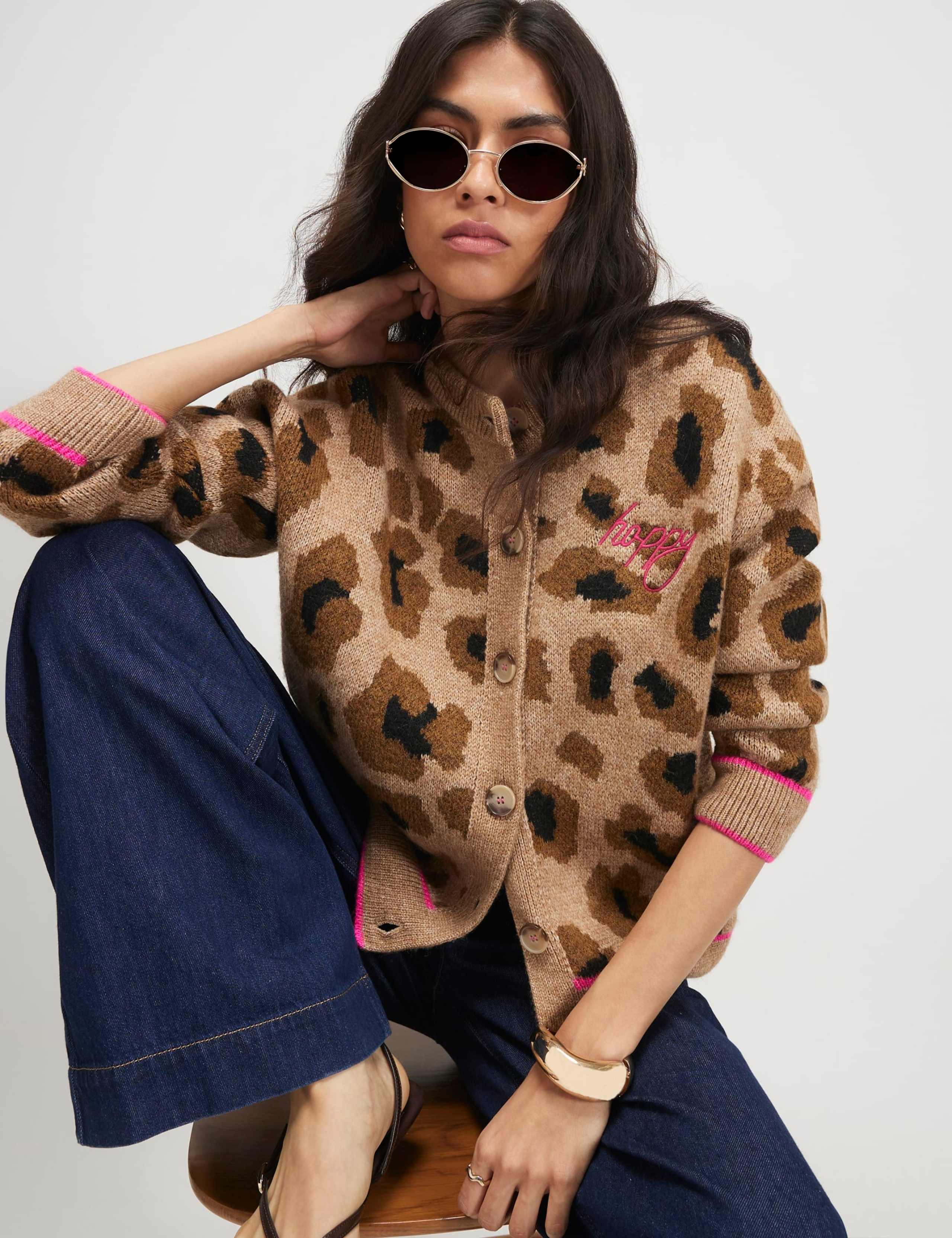 Animal Print Smiley Face Crew Neck Cardigan