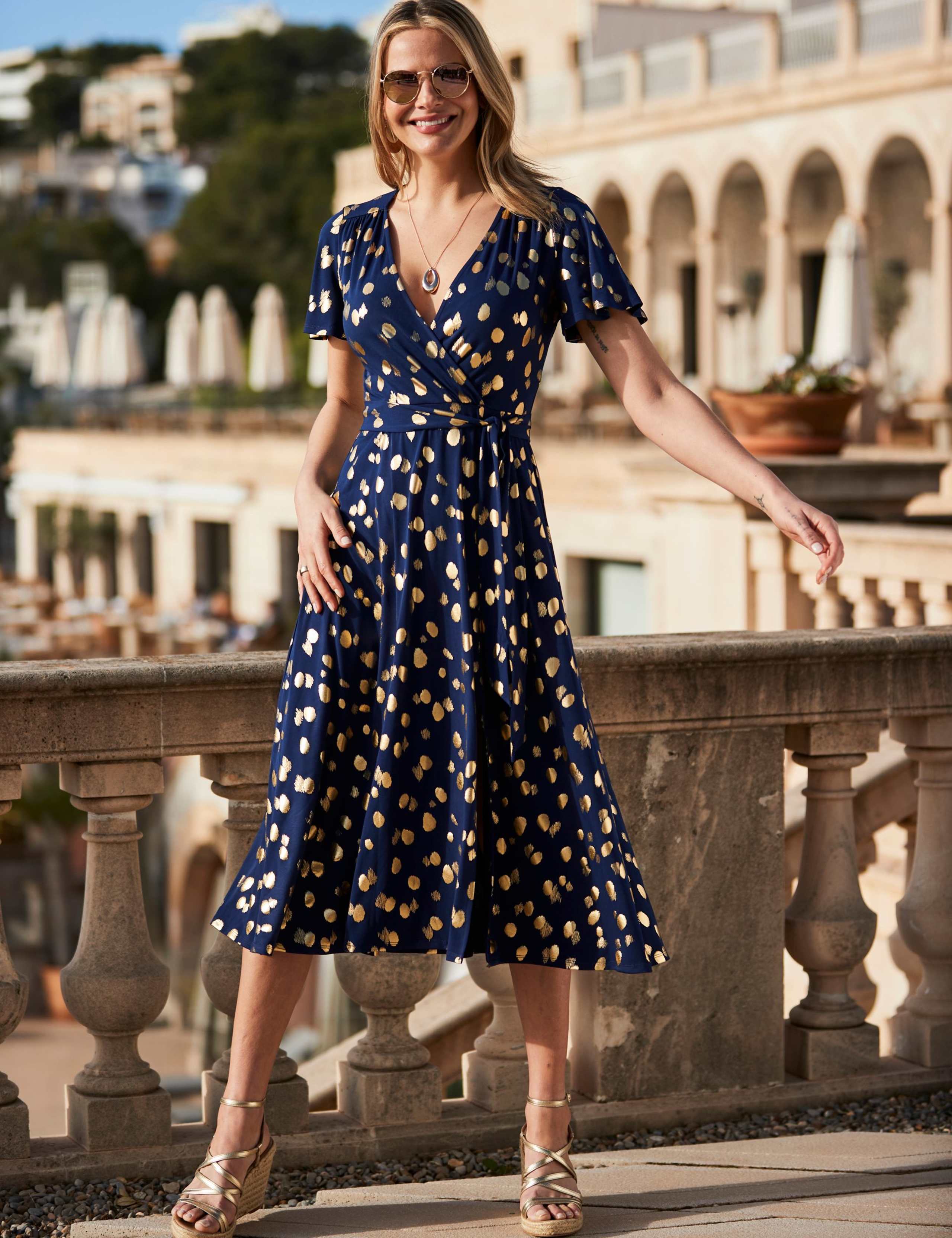 Metallic Spot Print V-Neck Midi Wrap Dress