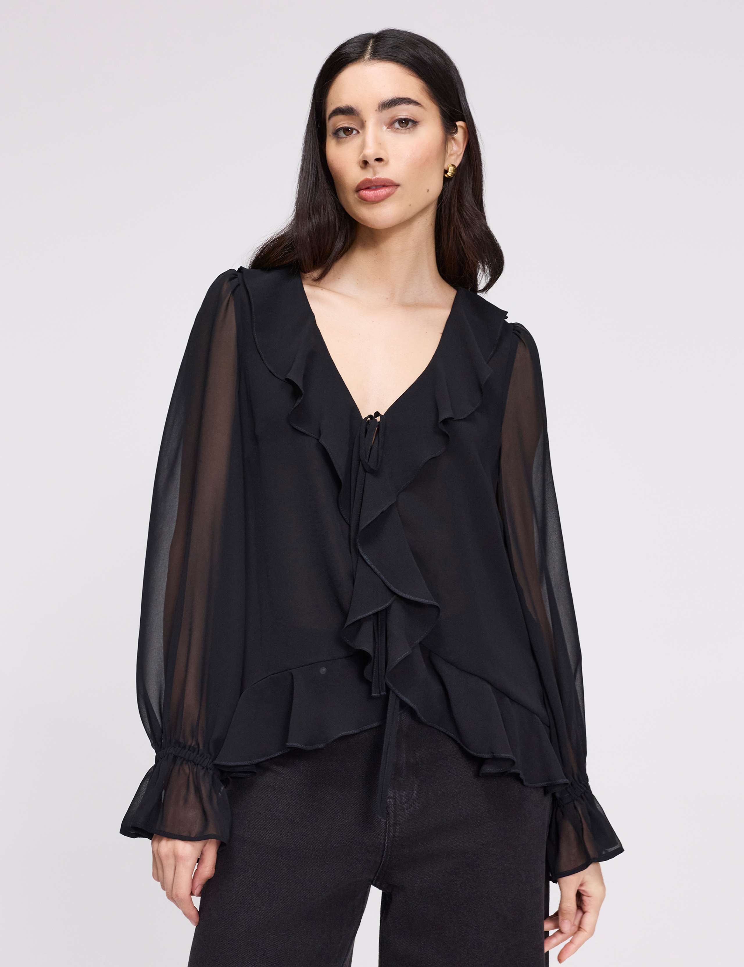 Chiffon V-Neck Ruffle Tie Front Blouse