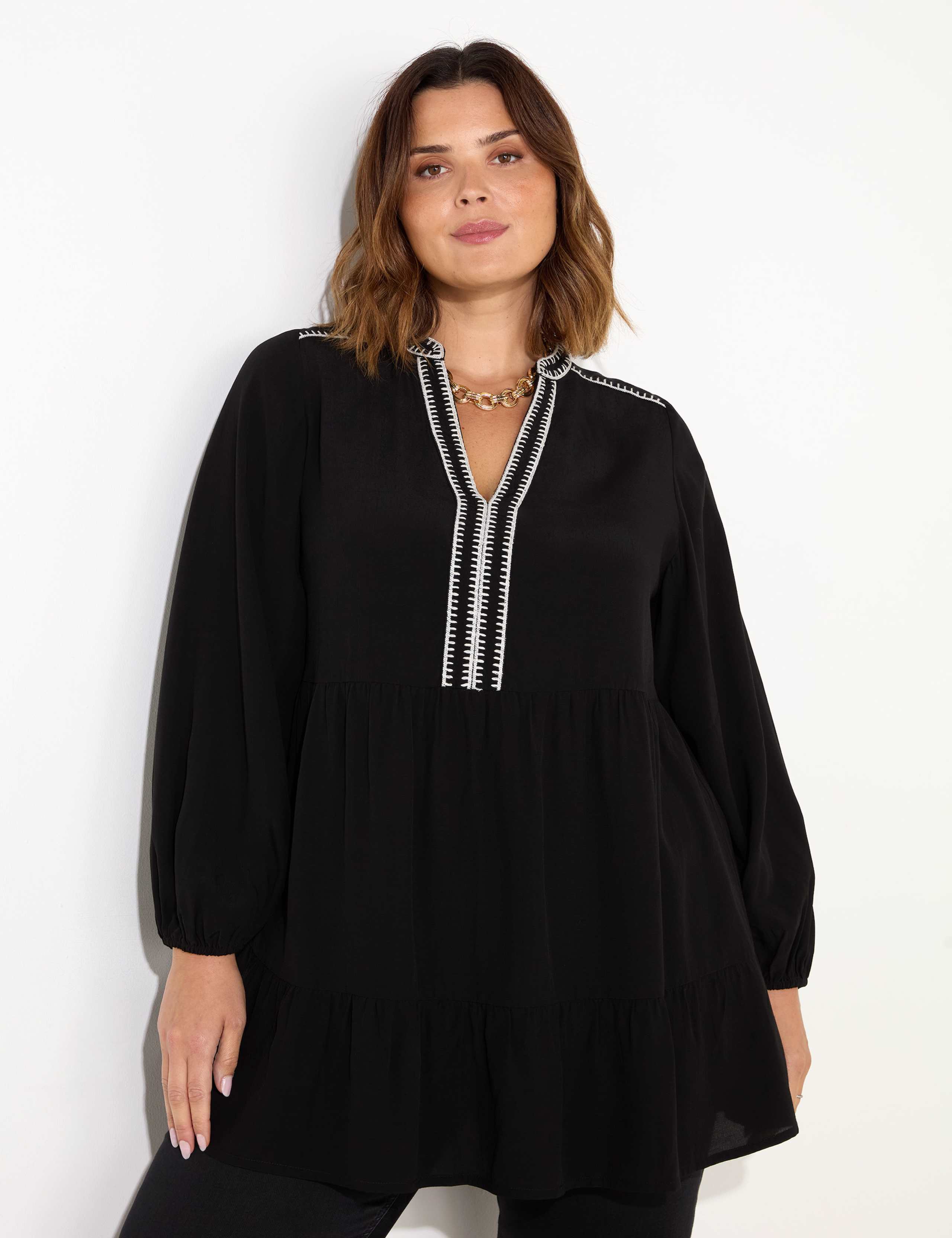 V-Neck Blanket Stitch Tunic