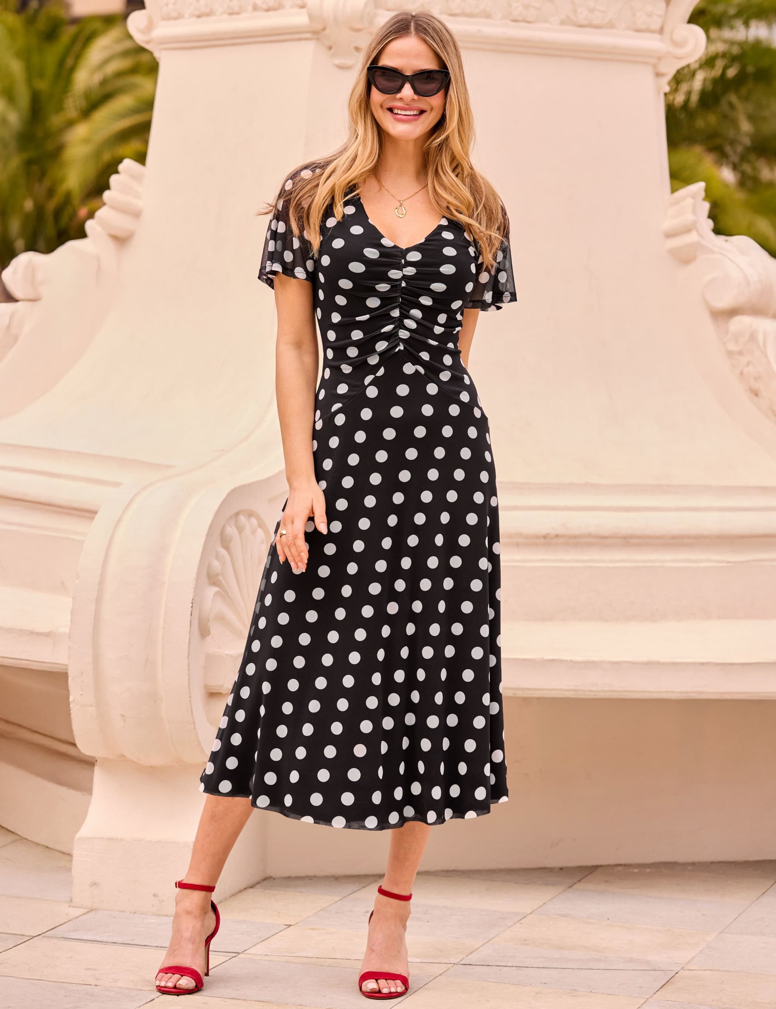 Mesh Polka Dot V-Neck Midi Skater Dress