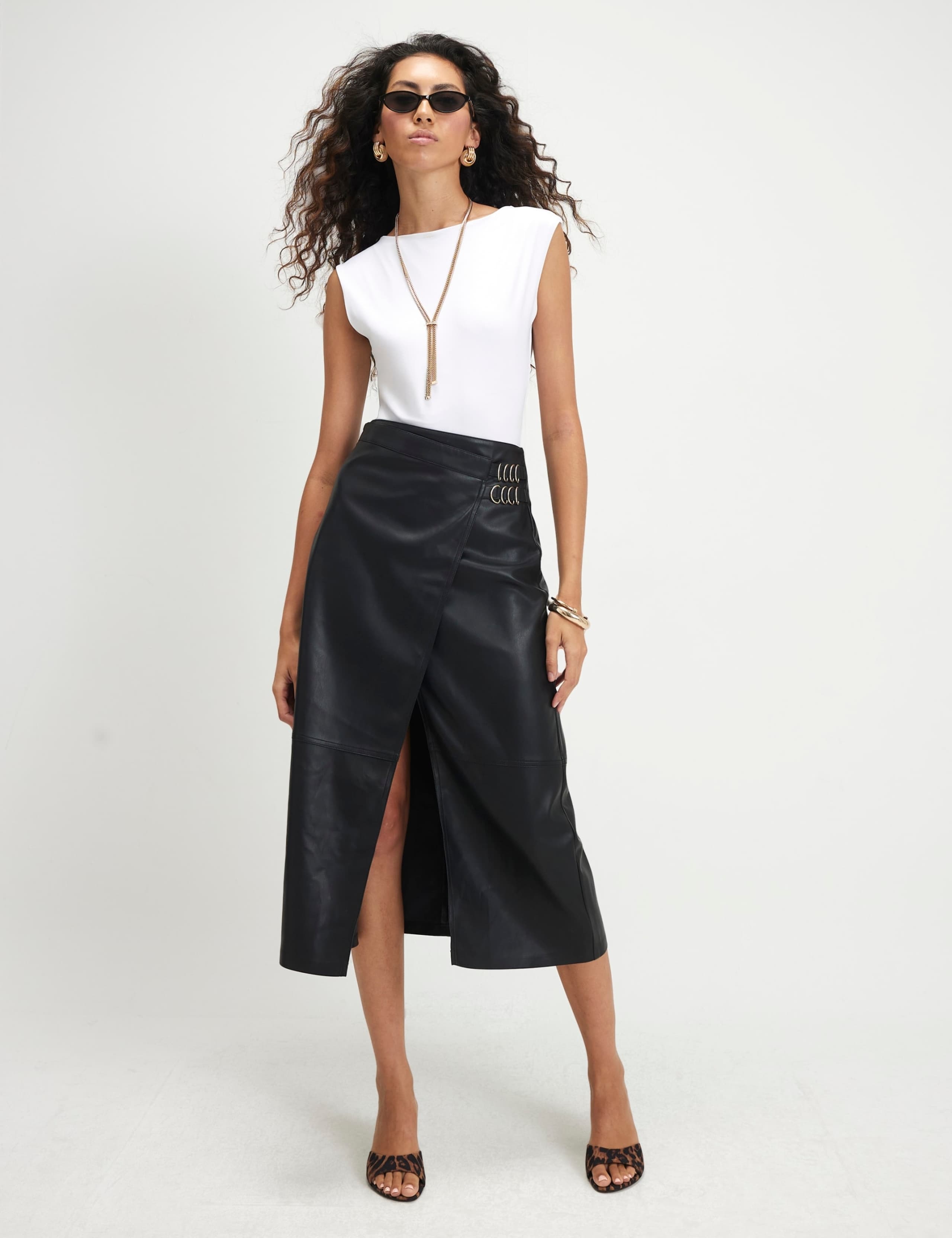 Faux Leather Buckle Detail Midi Wrap Skirt