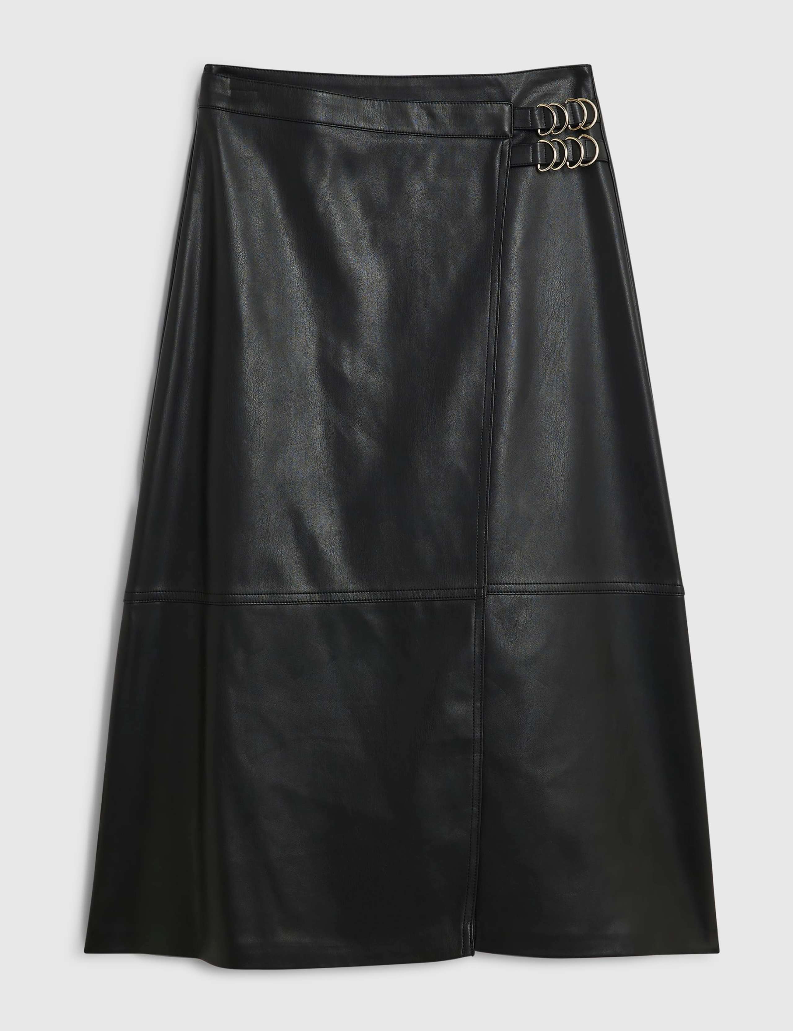 Petite Leather Look Buckle Detail Midi Wrap Skirt