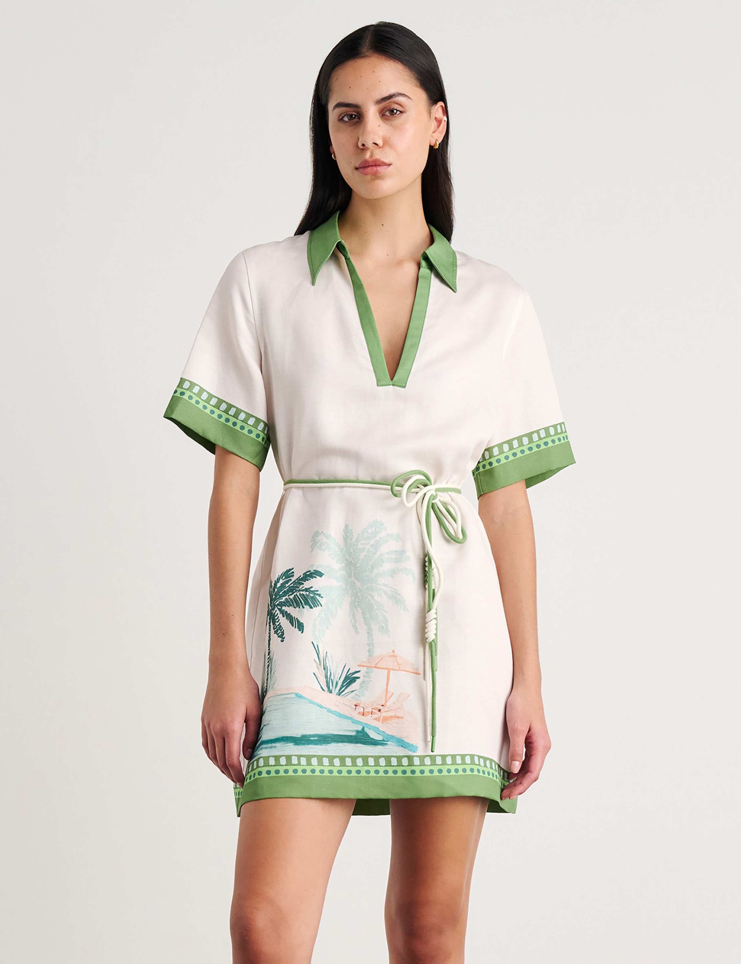 Linen Blend Printed Belted Mini Shirt Dress