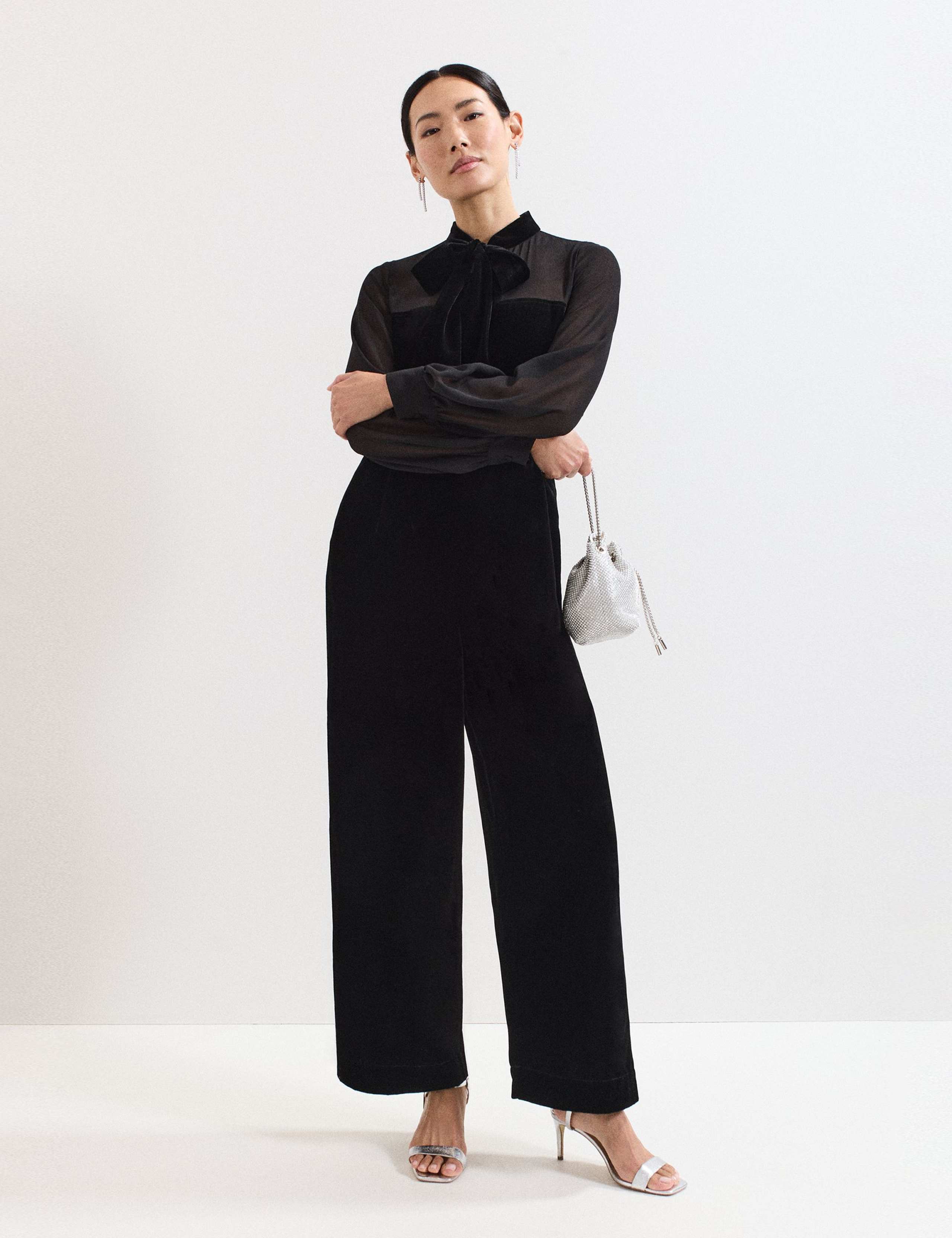 Velvet Tie Neck Wide Leg Jumpsuit