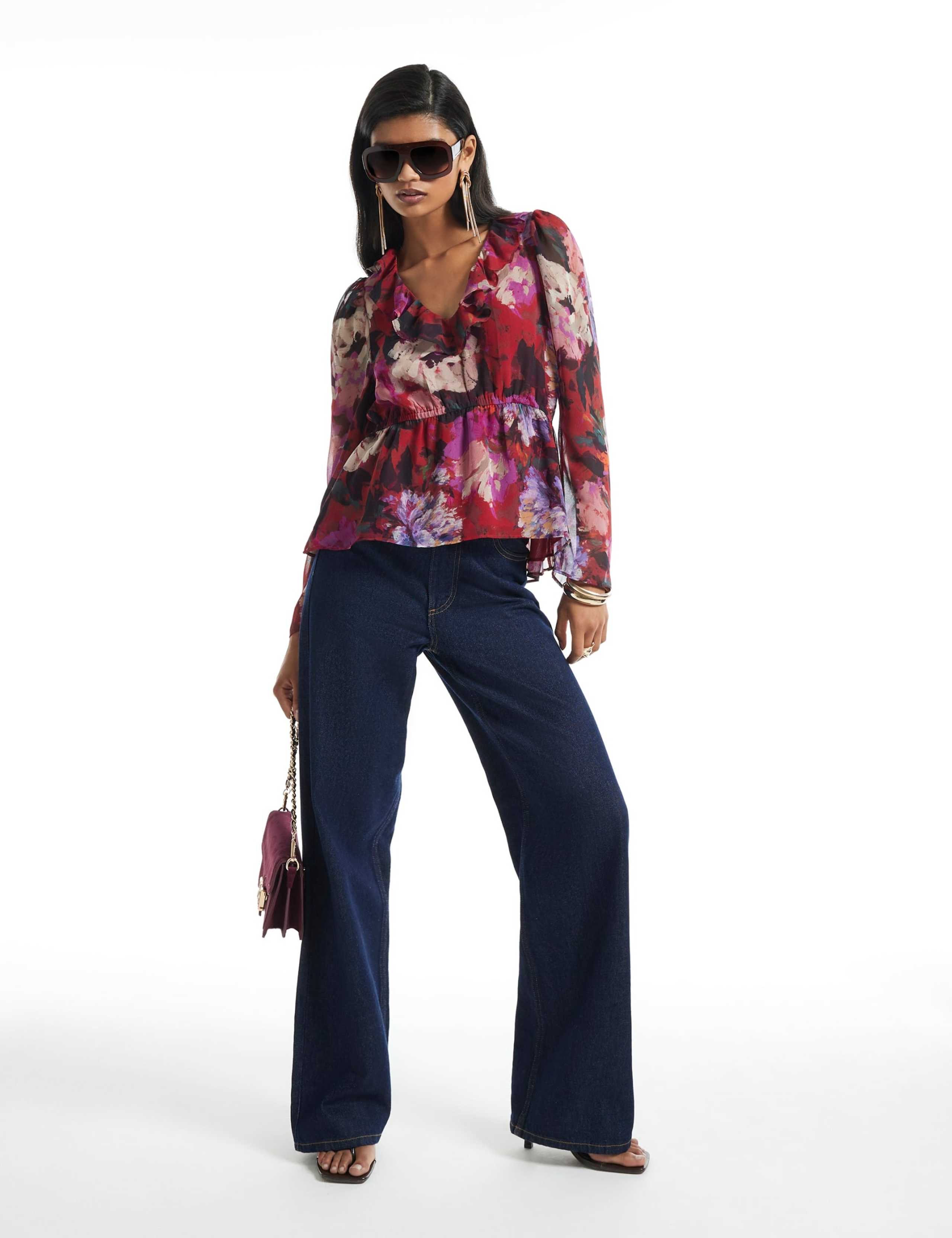 Floral Ruffle V Neck Blouse