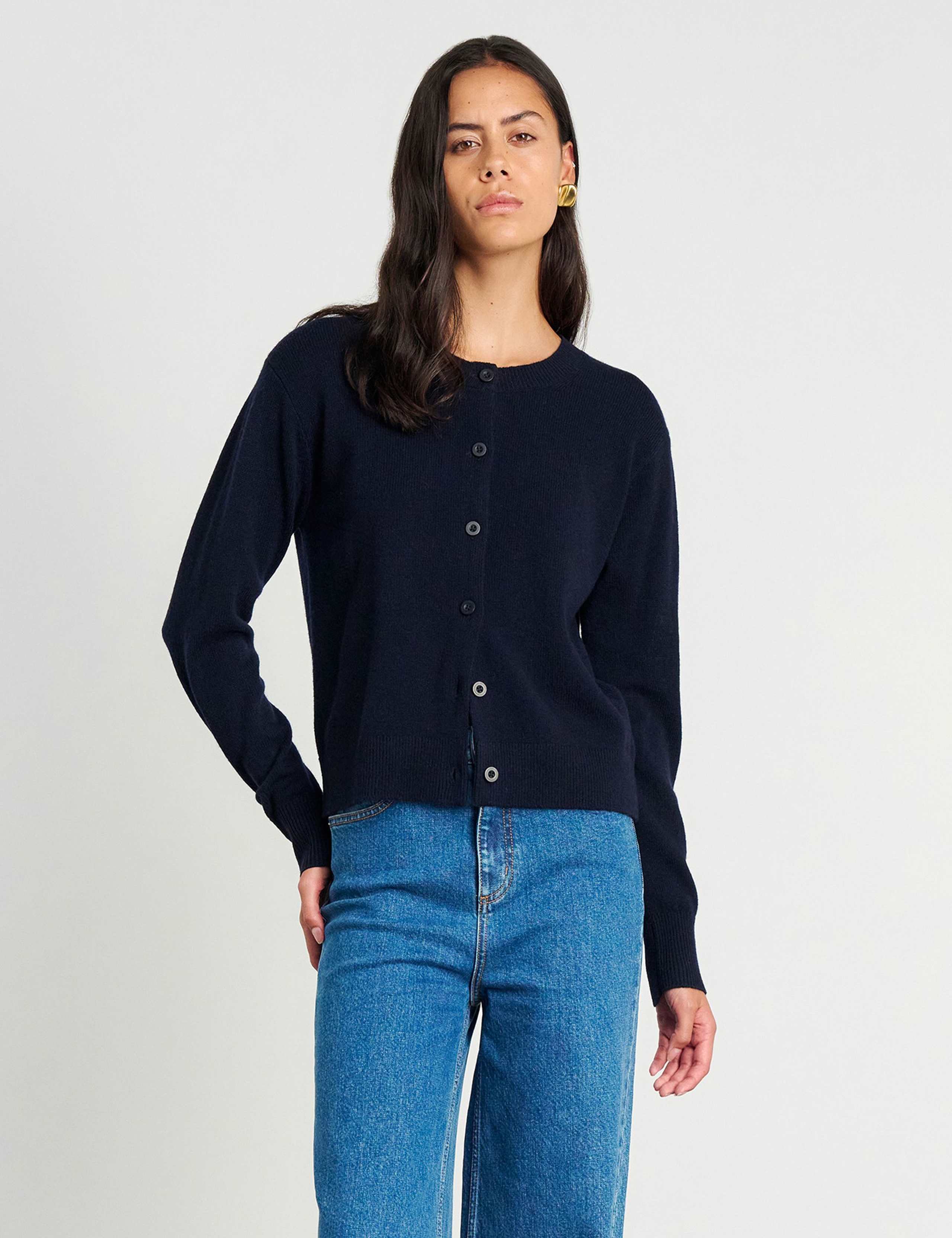 Pure Merino Wool Crew Neck Button Front Cardigan