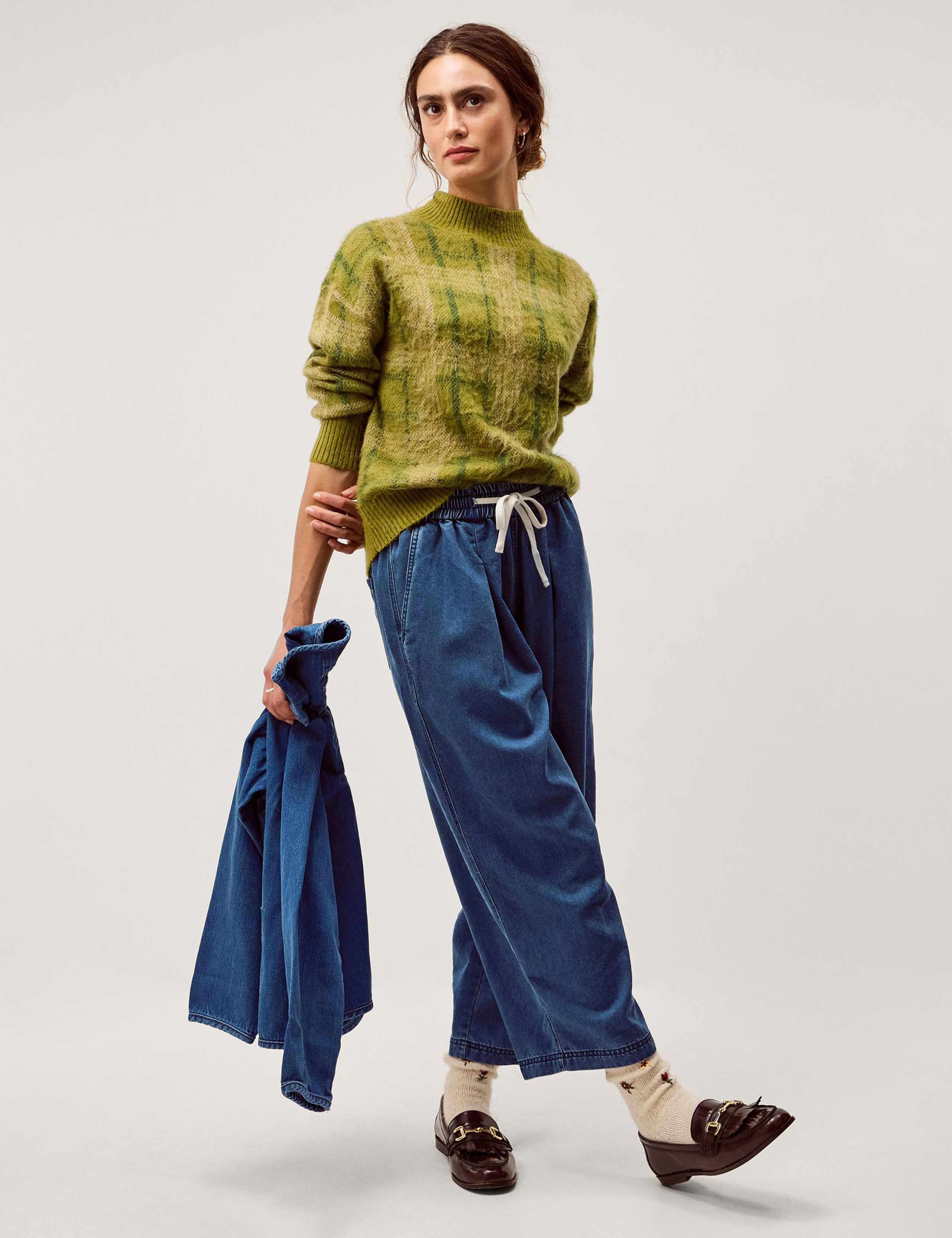 Denim Drawstring Wide Leg Trousers