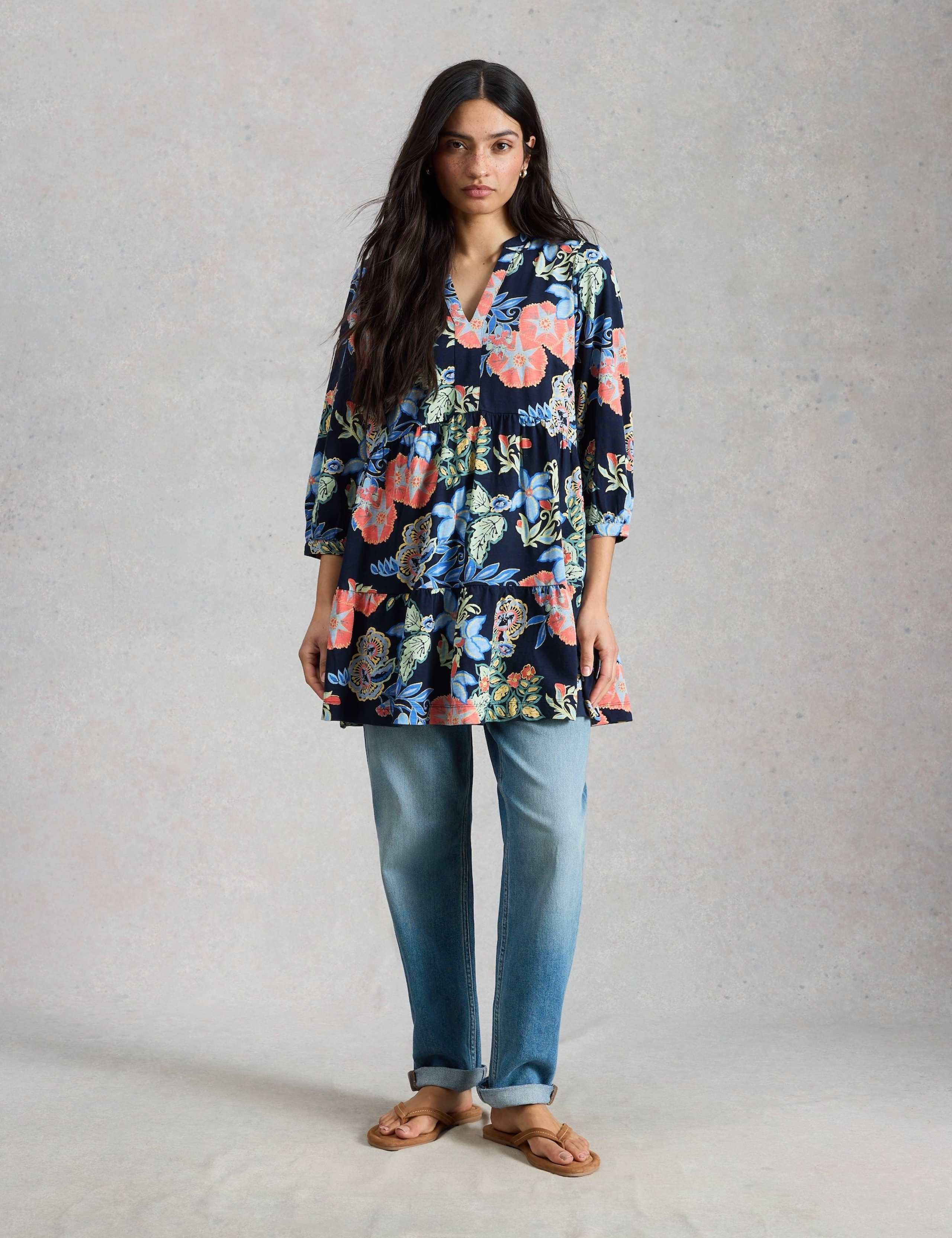 Pure Cotton Floral Notch Neck Tunic