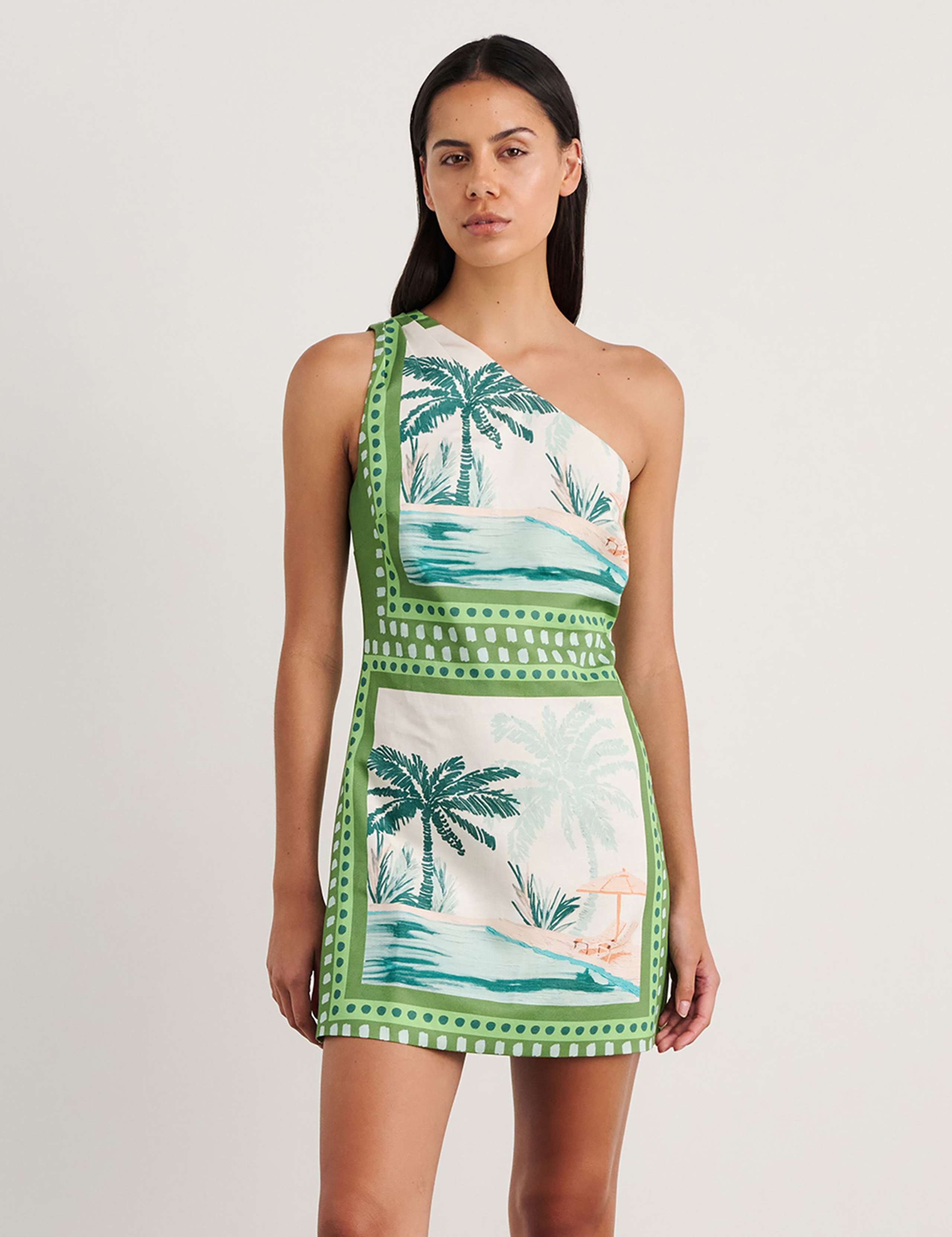 Linen Blend One Shoulder Mini Dress