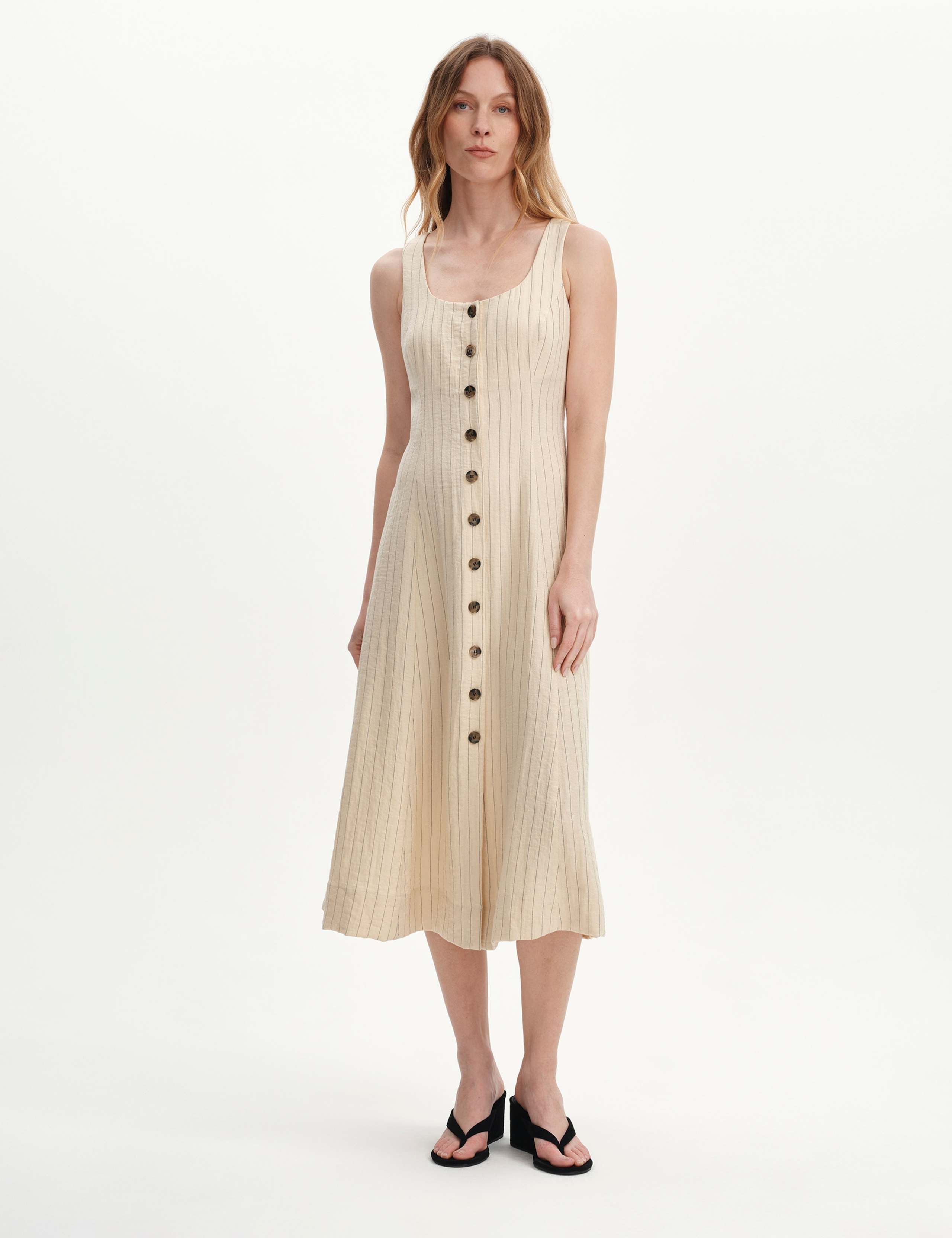 Striped Square Neck Midi Waisted Dress
