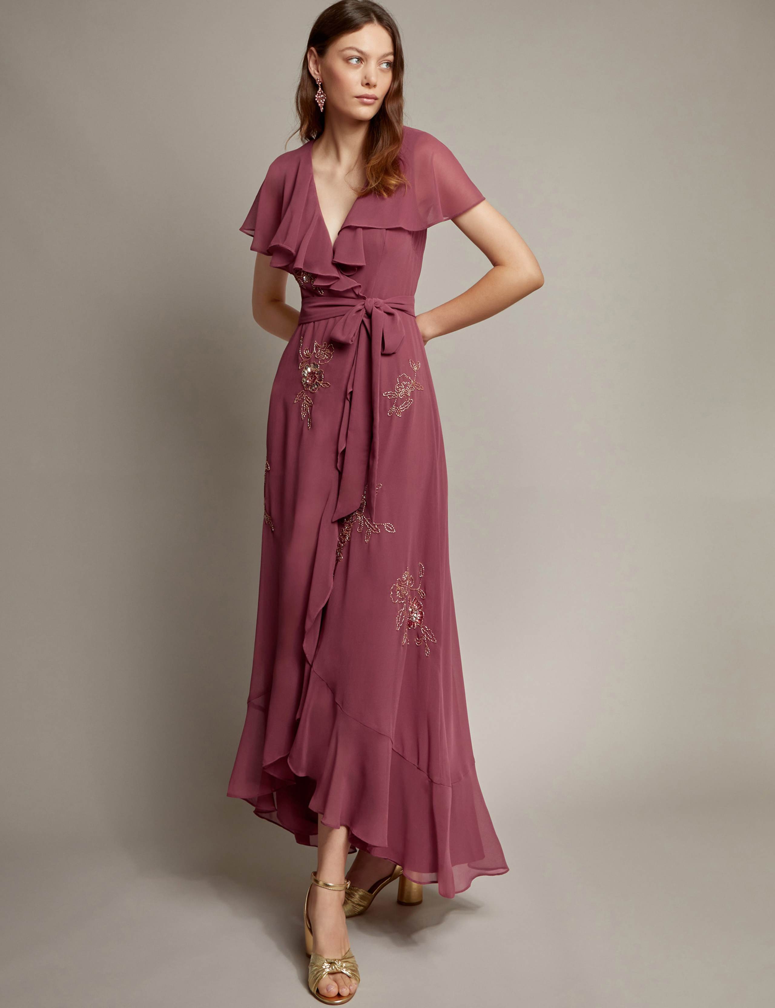 Floral Embellished V-Neck Midi Wrap Dress