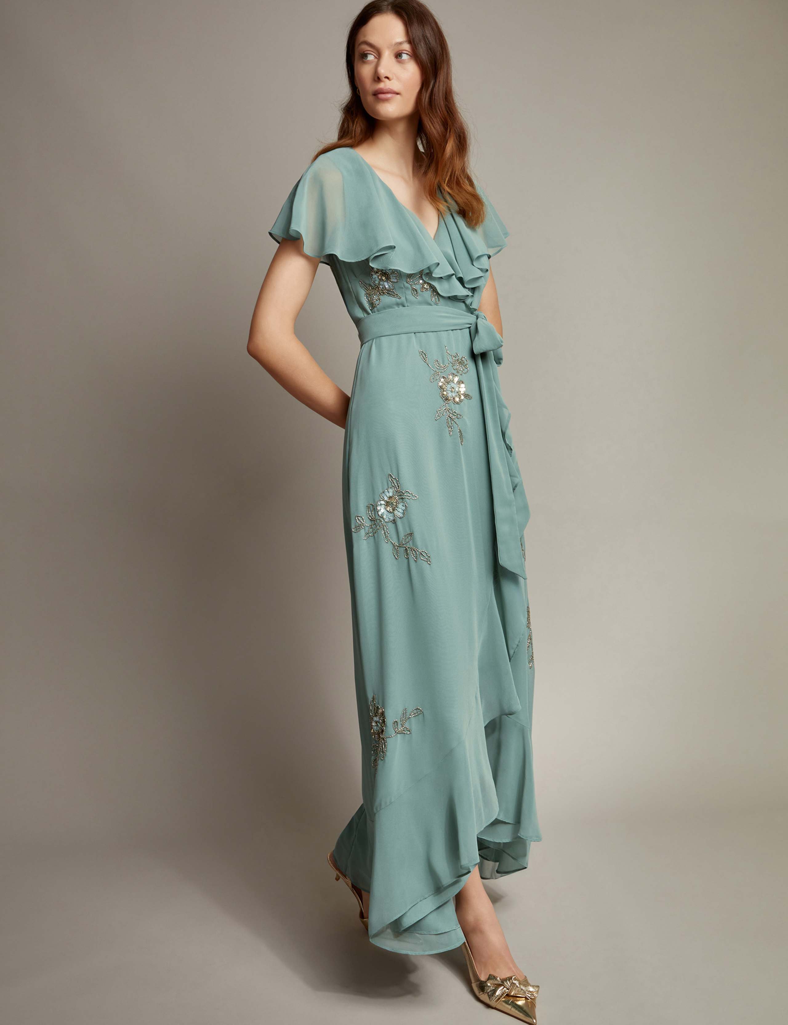 Floral Embellished V-Neck Midi Wrap Dress