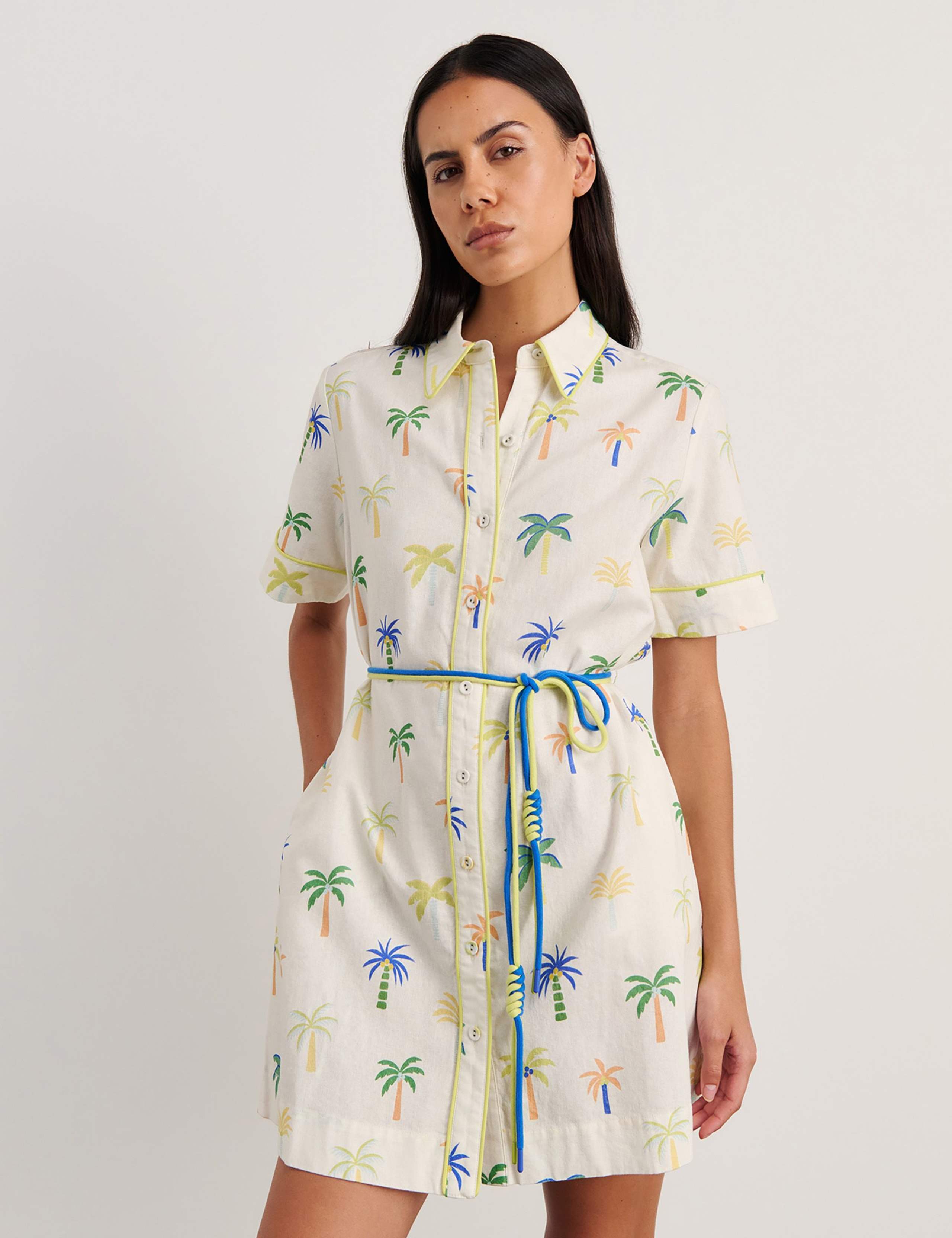 Linen Rich Palm Tree Mini Shirt Dress
