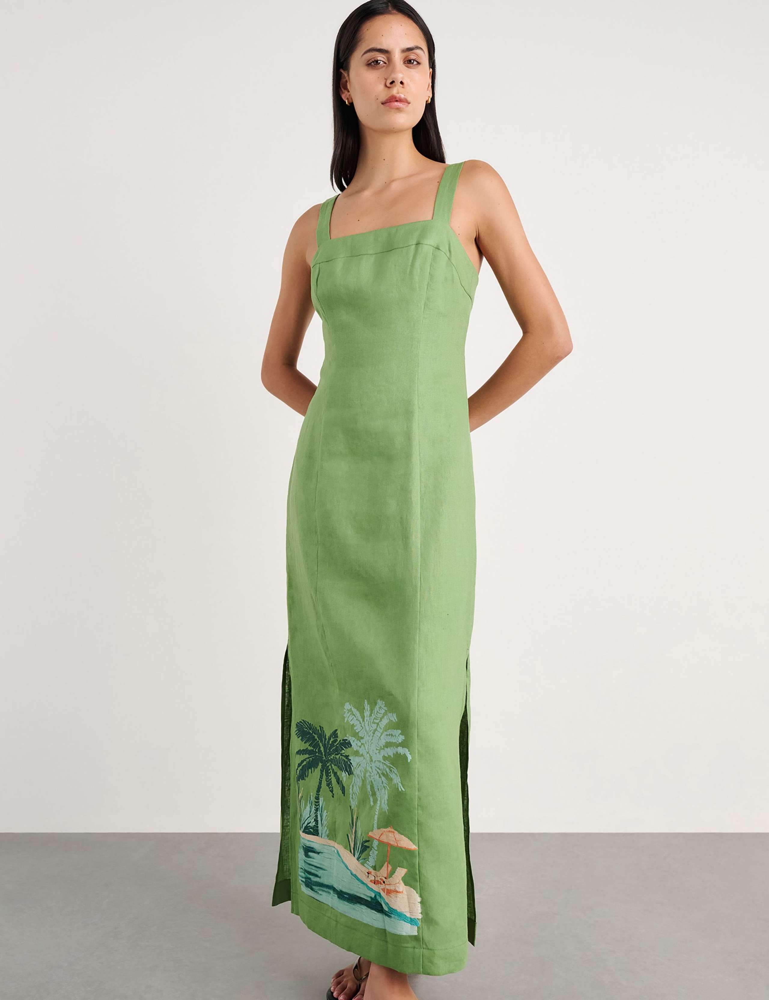 Pure Linen Printed Strappy Maxi Column Dress