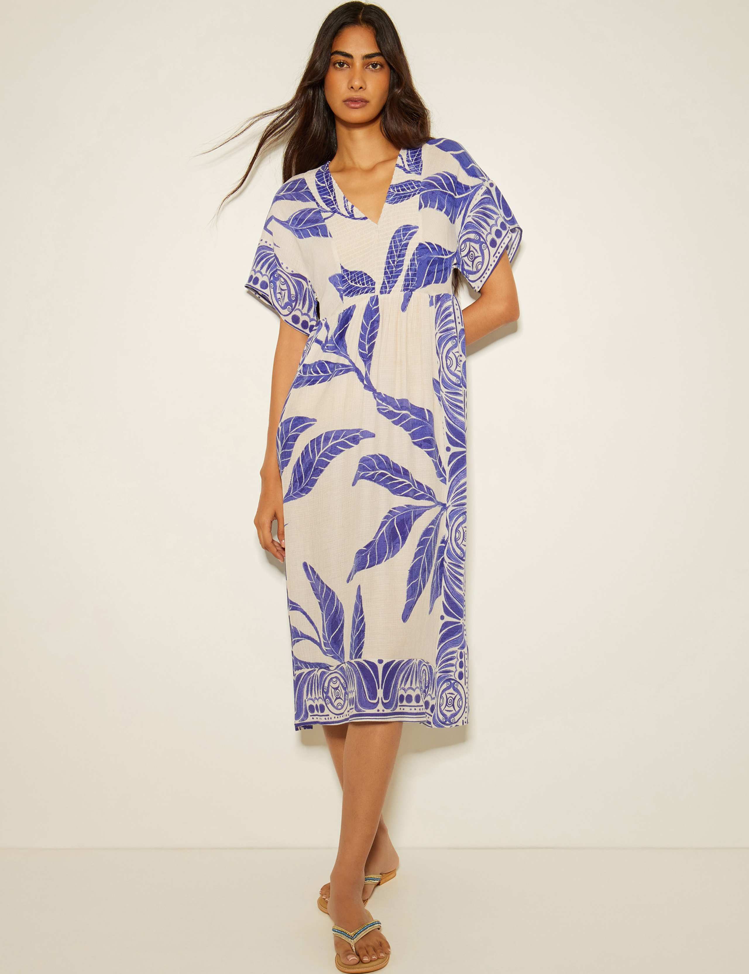 Printed V-Neck Midi Shirred Beach Dress
