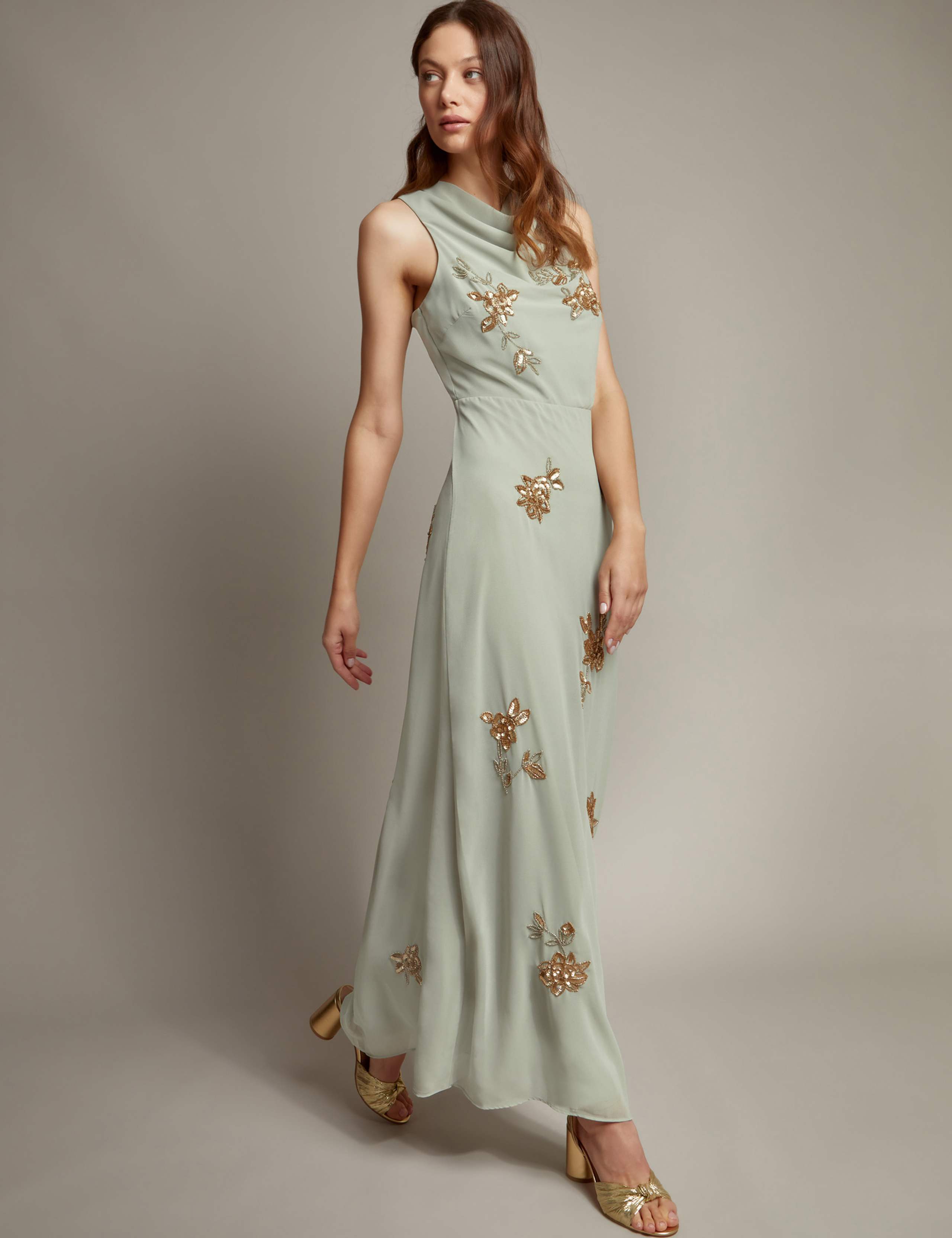 Embroidered Cowl Neck Maxi Wrap Dress
