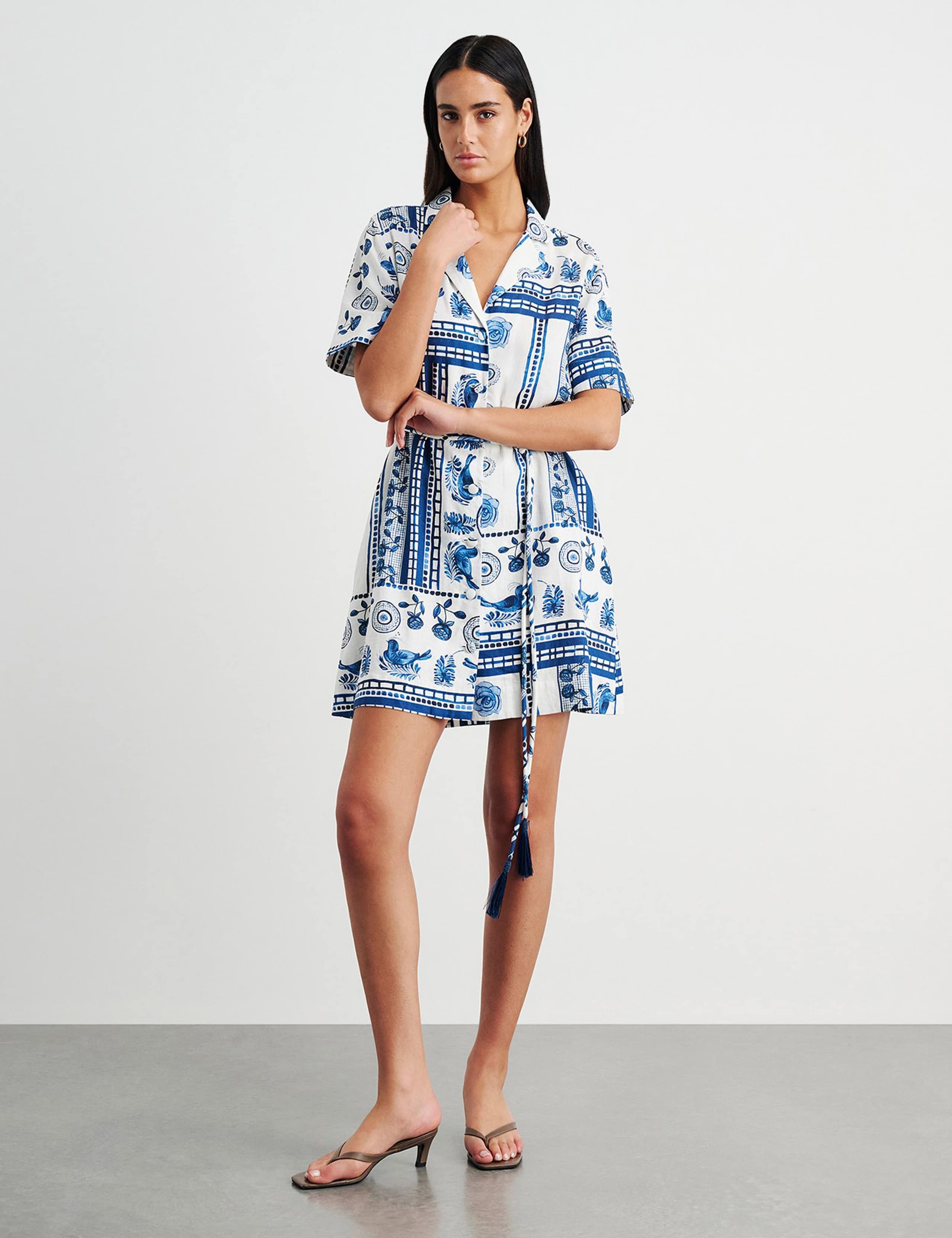 Linen Rich Lovebird Print Mini Shirt Dress