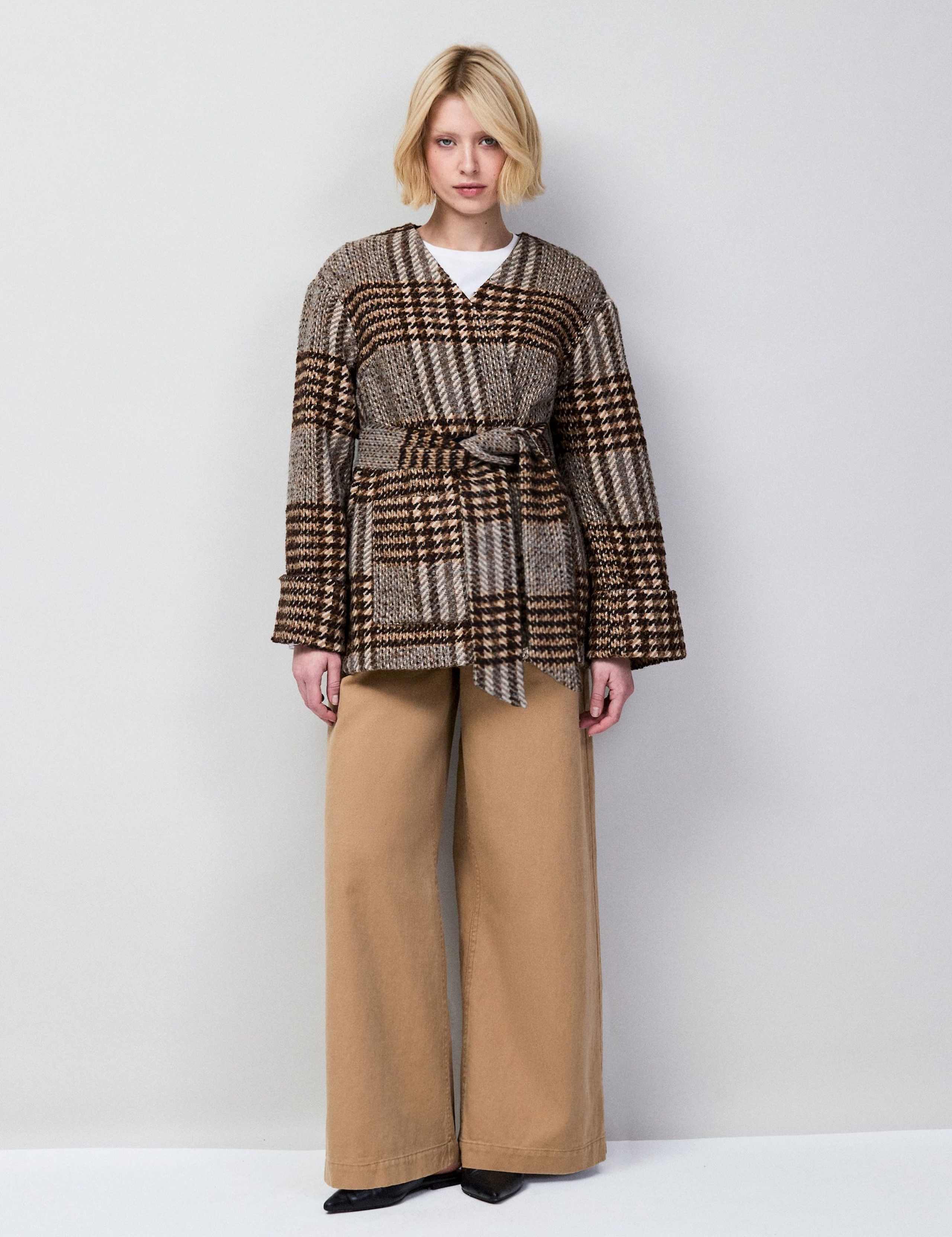 Checked Belted Wrap Coat with Wool
