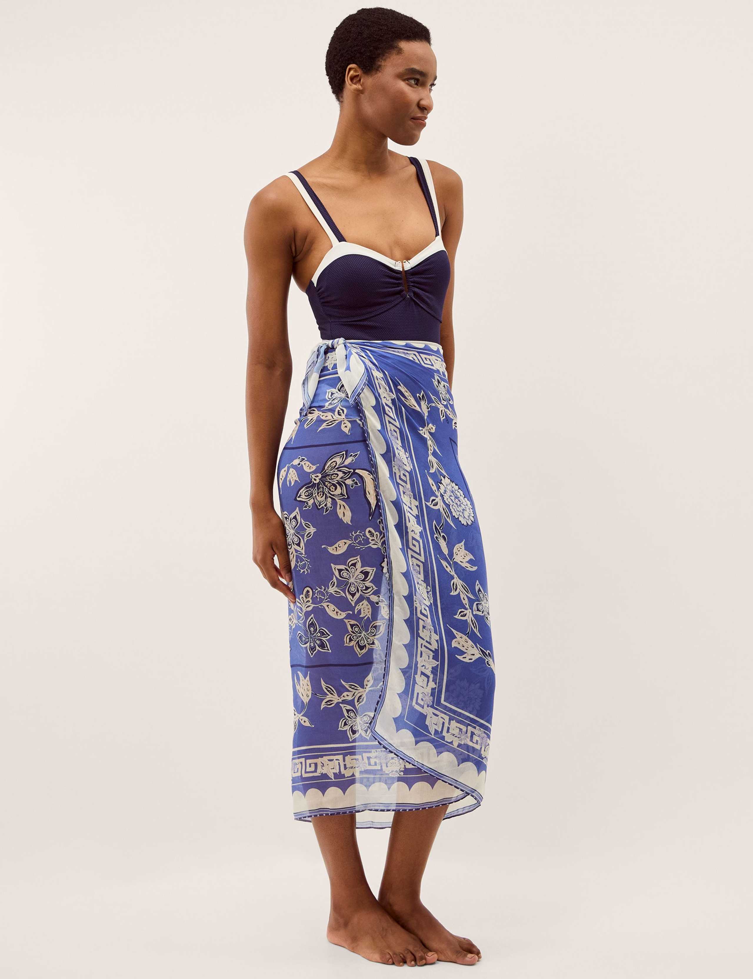 Floral Midi Beach Cover Up Sarong with Silk