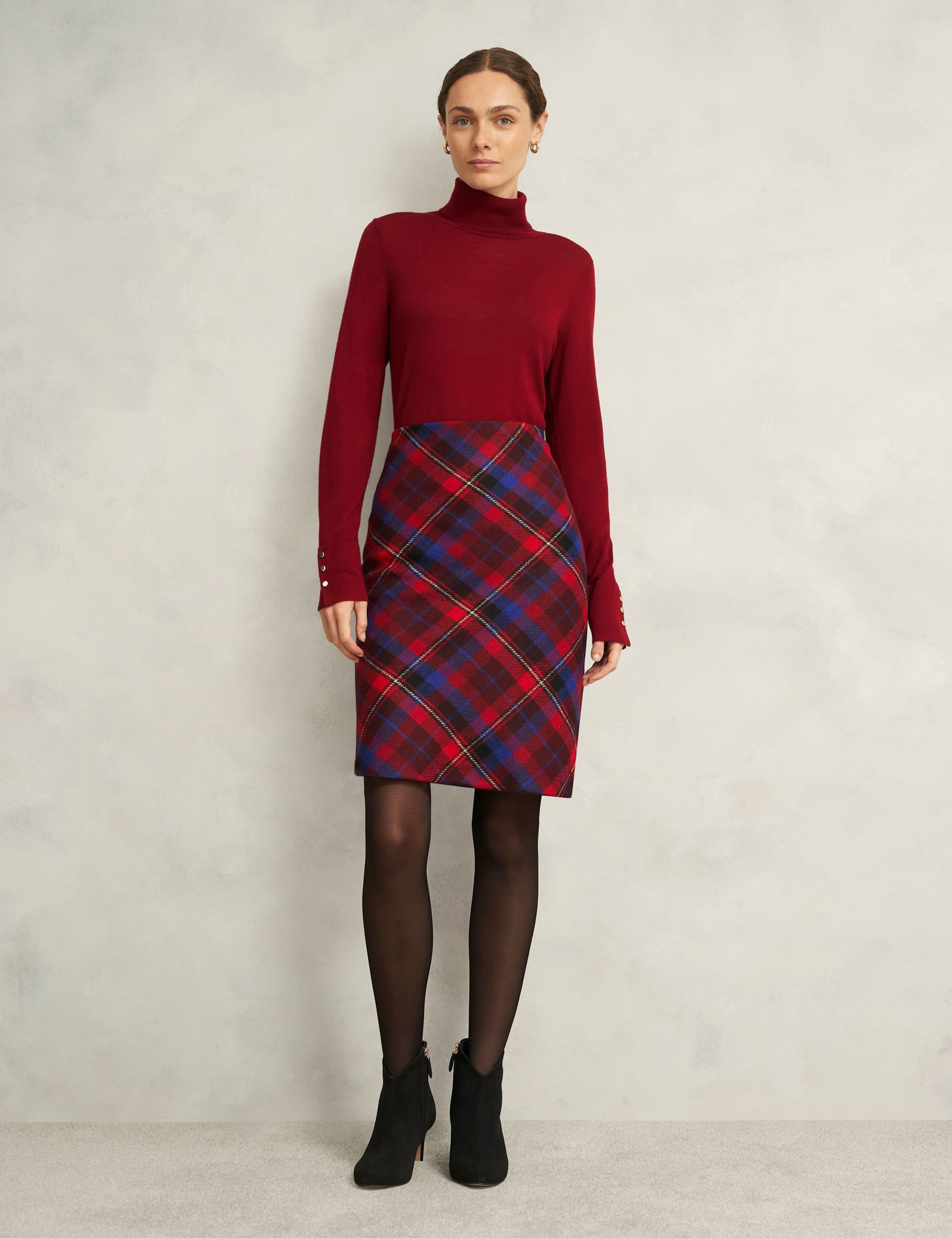 Pure Wool Checked Knee Length Pencil Skirt