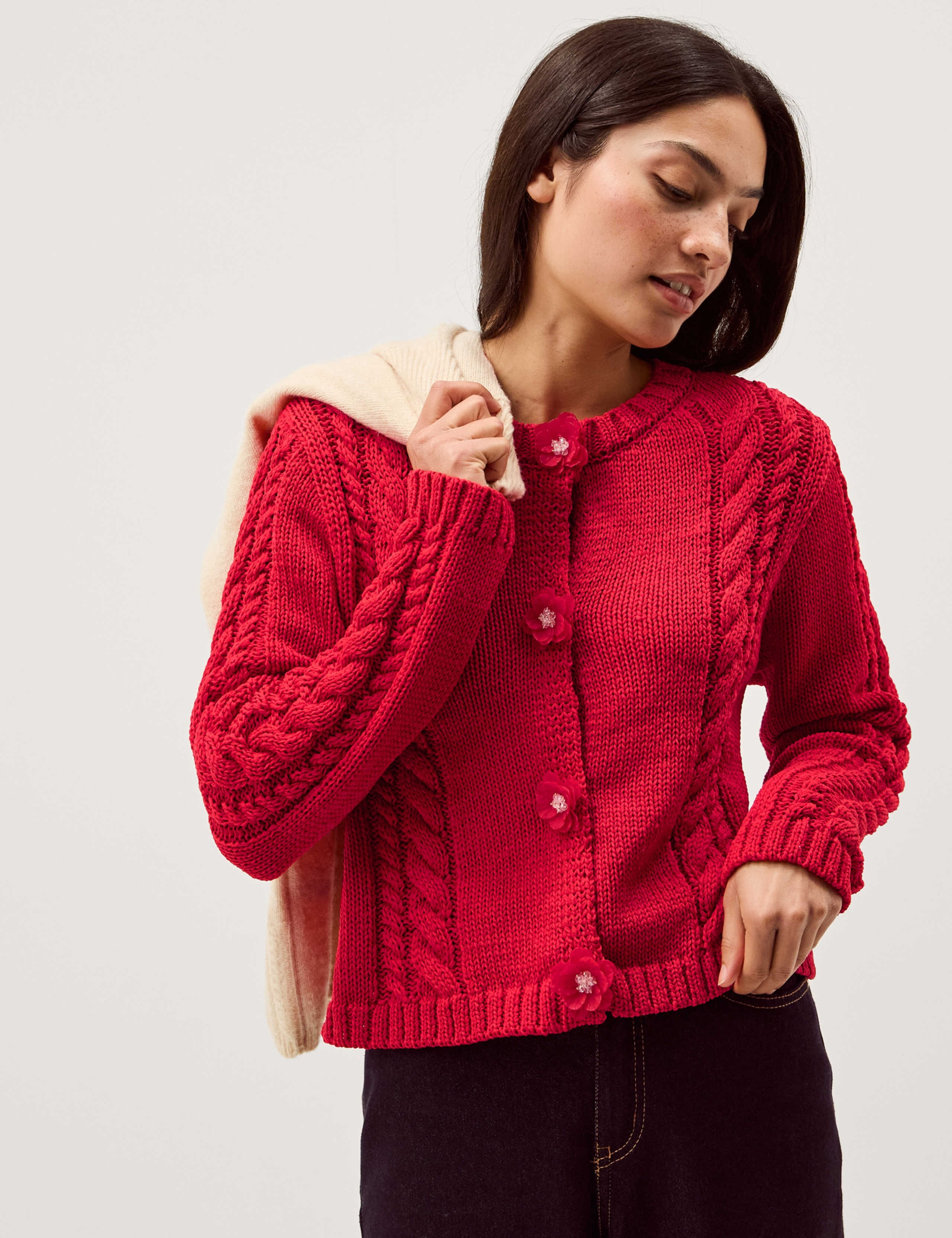 Flower Button Cable Knit Cardigan