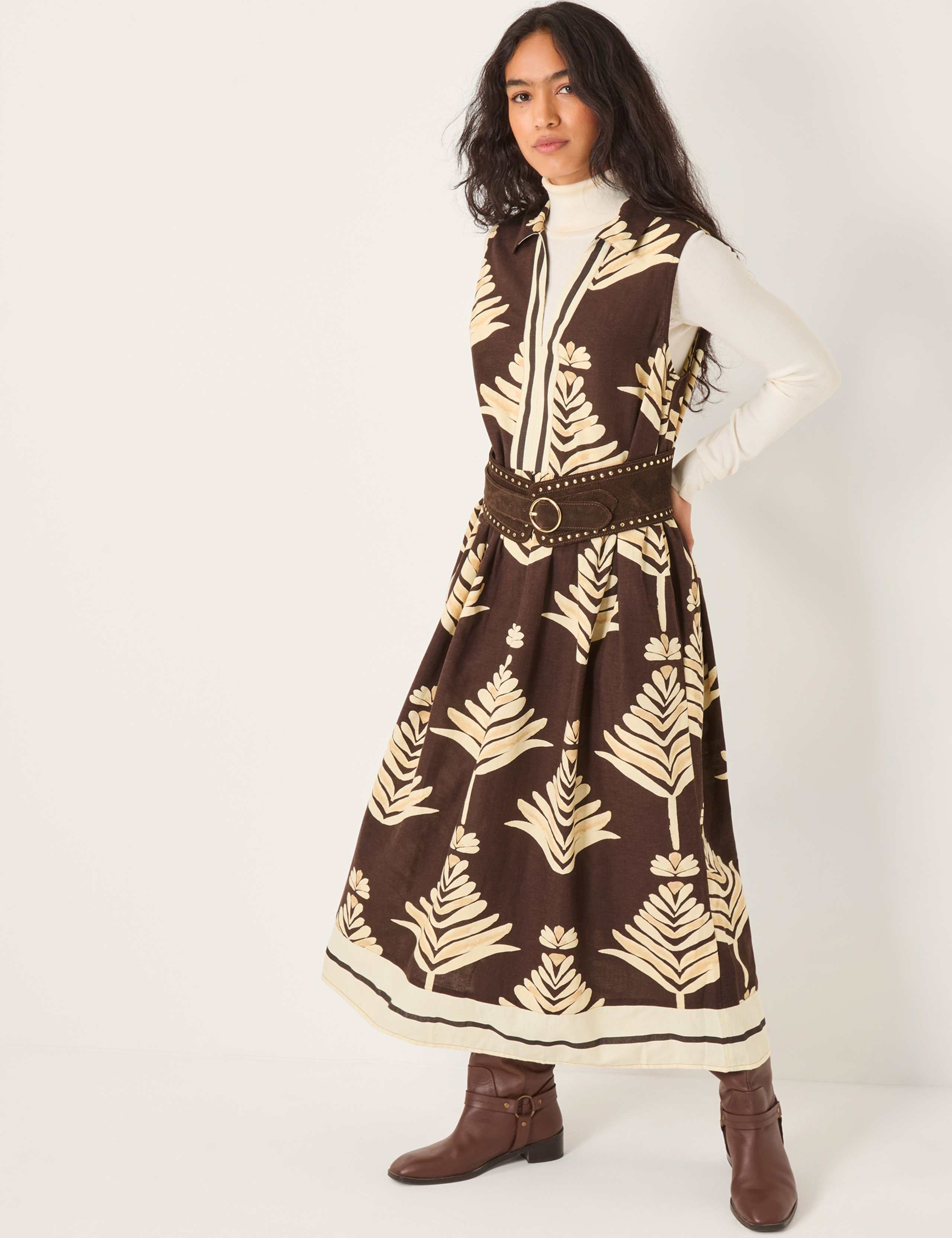 Leaf Print Midi Waisted Dress with Linen
