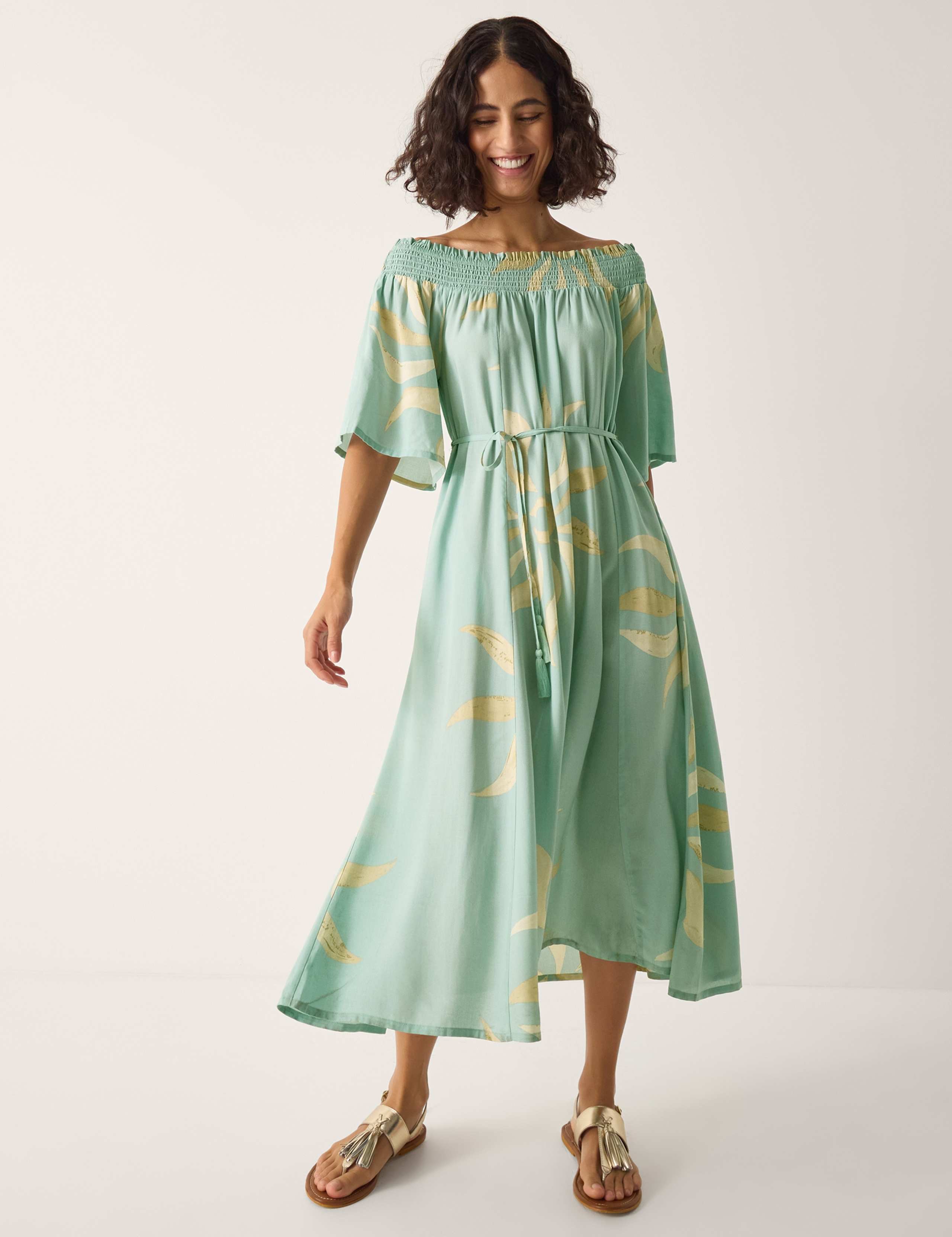 Sun Print Bardot Shirred Midi Dress
