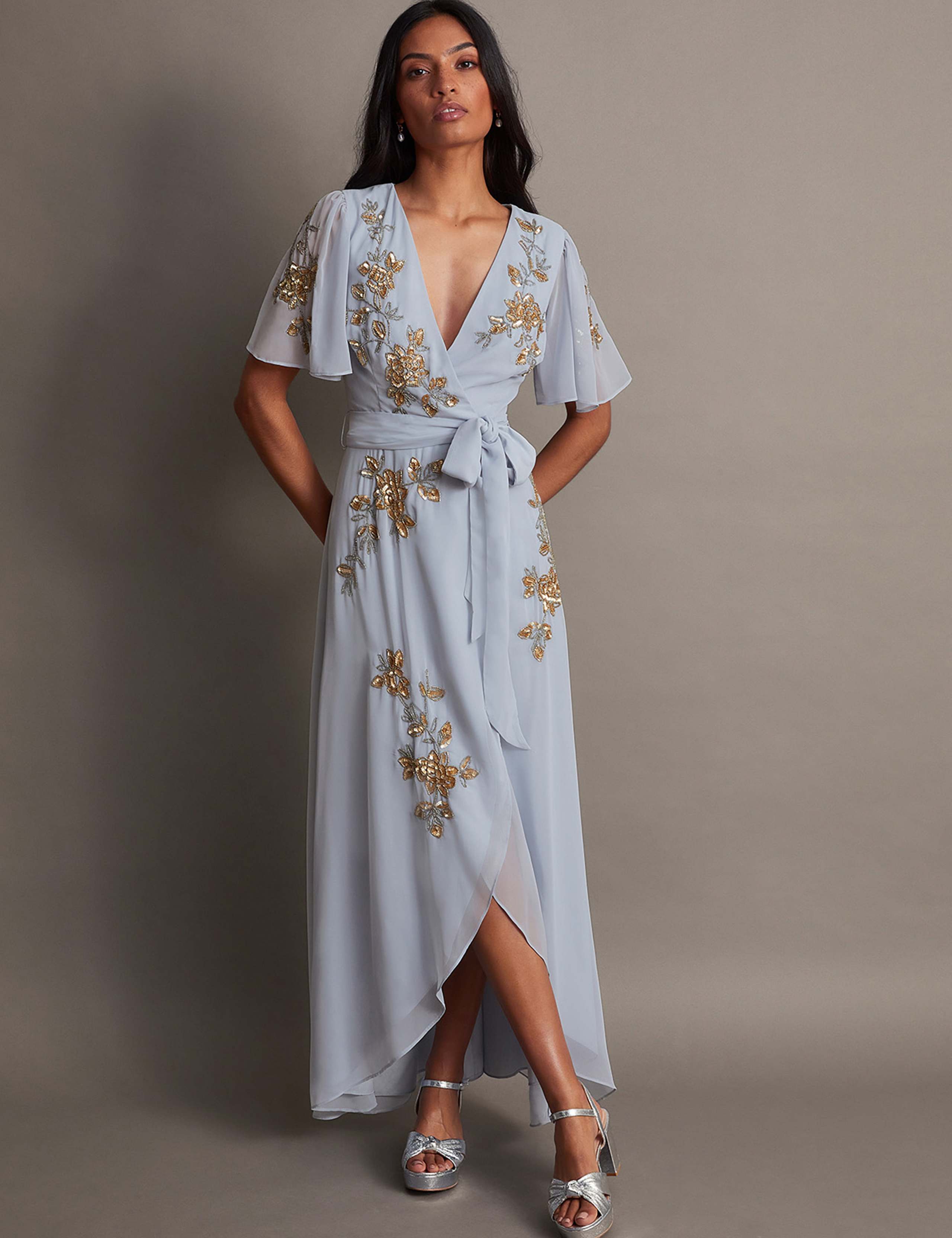 Embellished V-Neck Maxi Wrap Dress