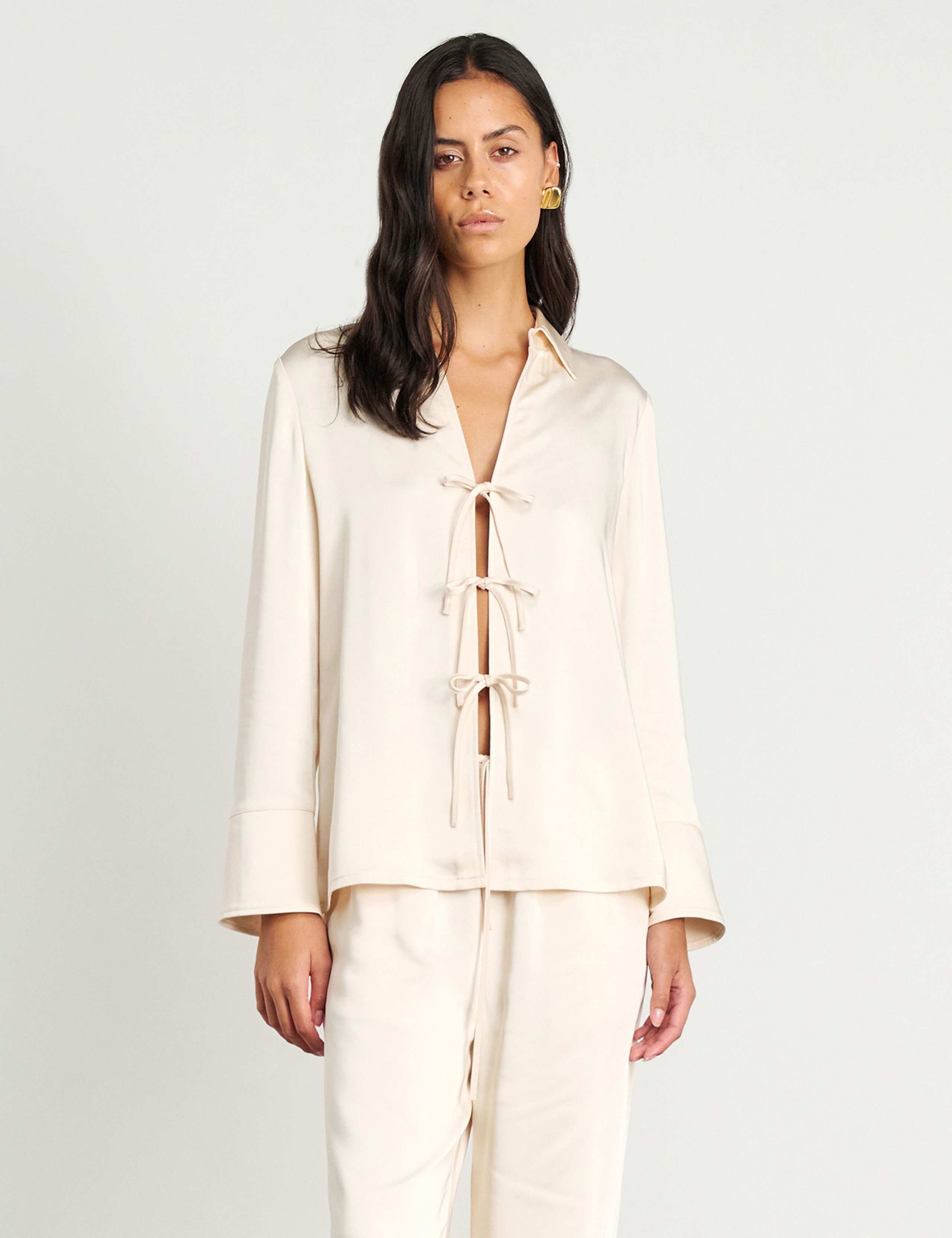 Satin Tie Front Collared Shirt