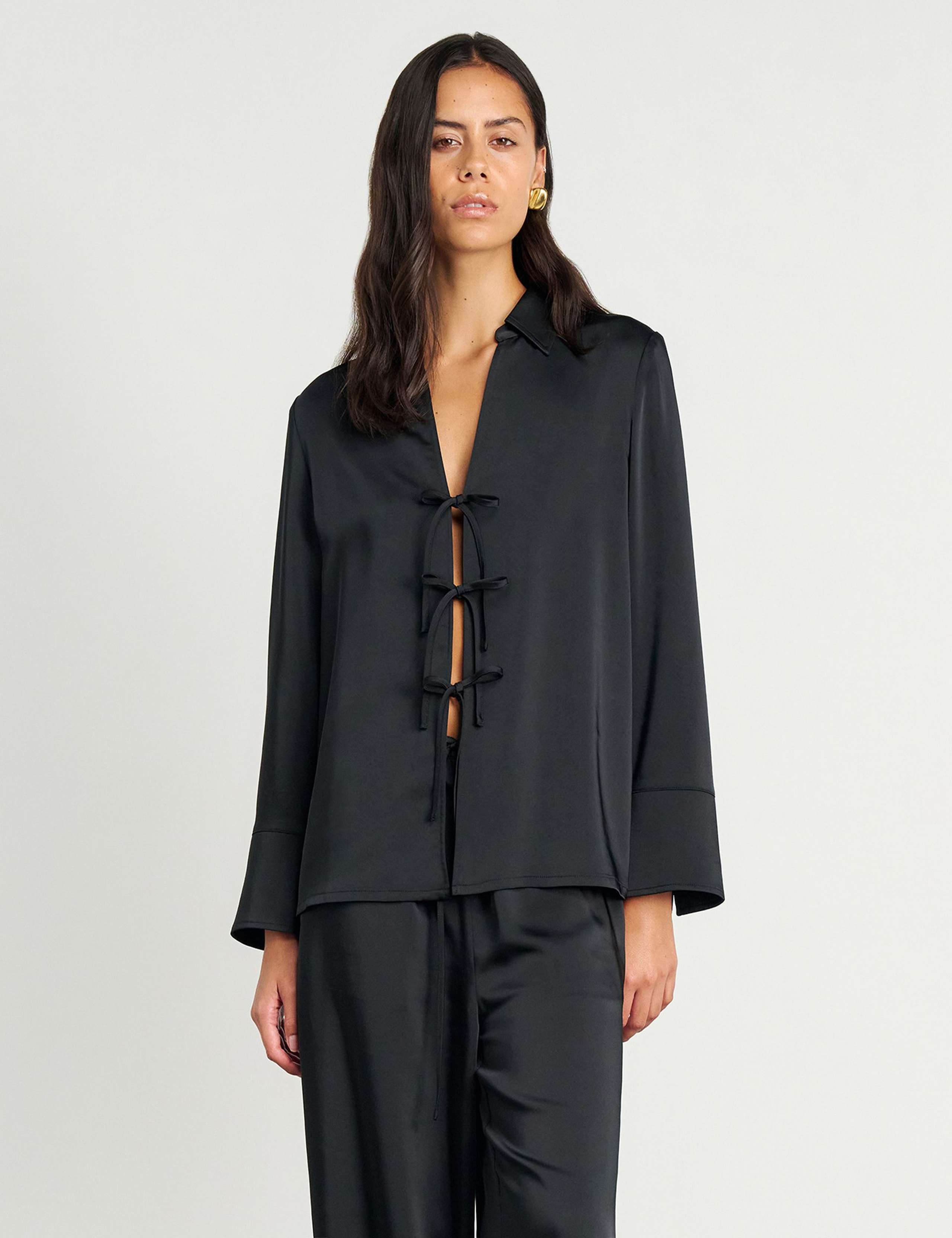 Satin Tie Front Collared Shirt