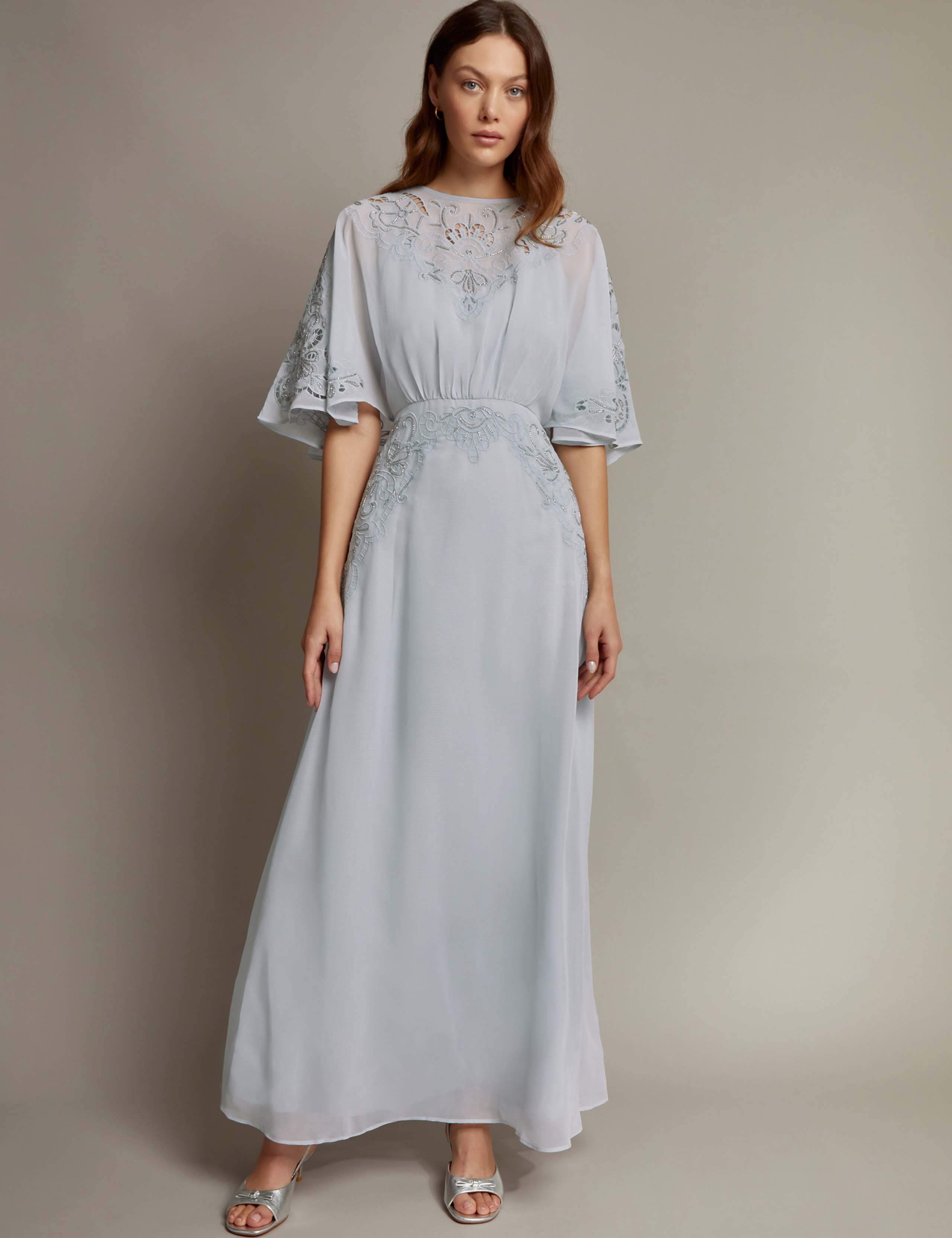 Embroidered Angel Sleeve Maxi Waisted Dress