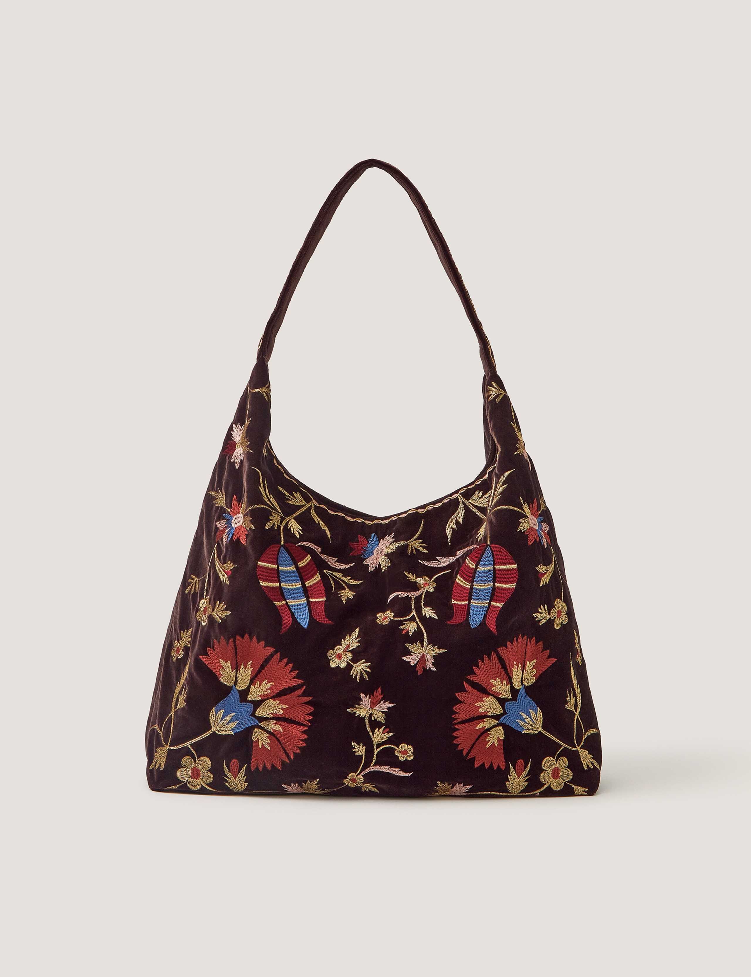 Velvet Floral Embroidered Shoulder Bag