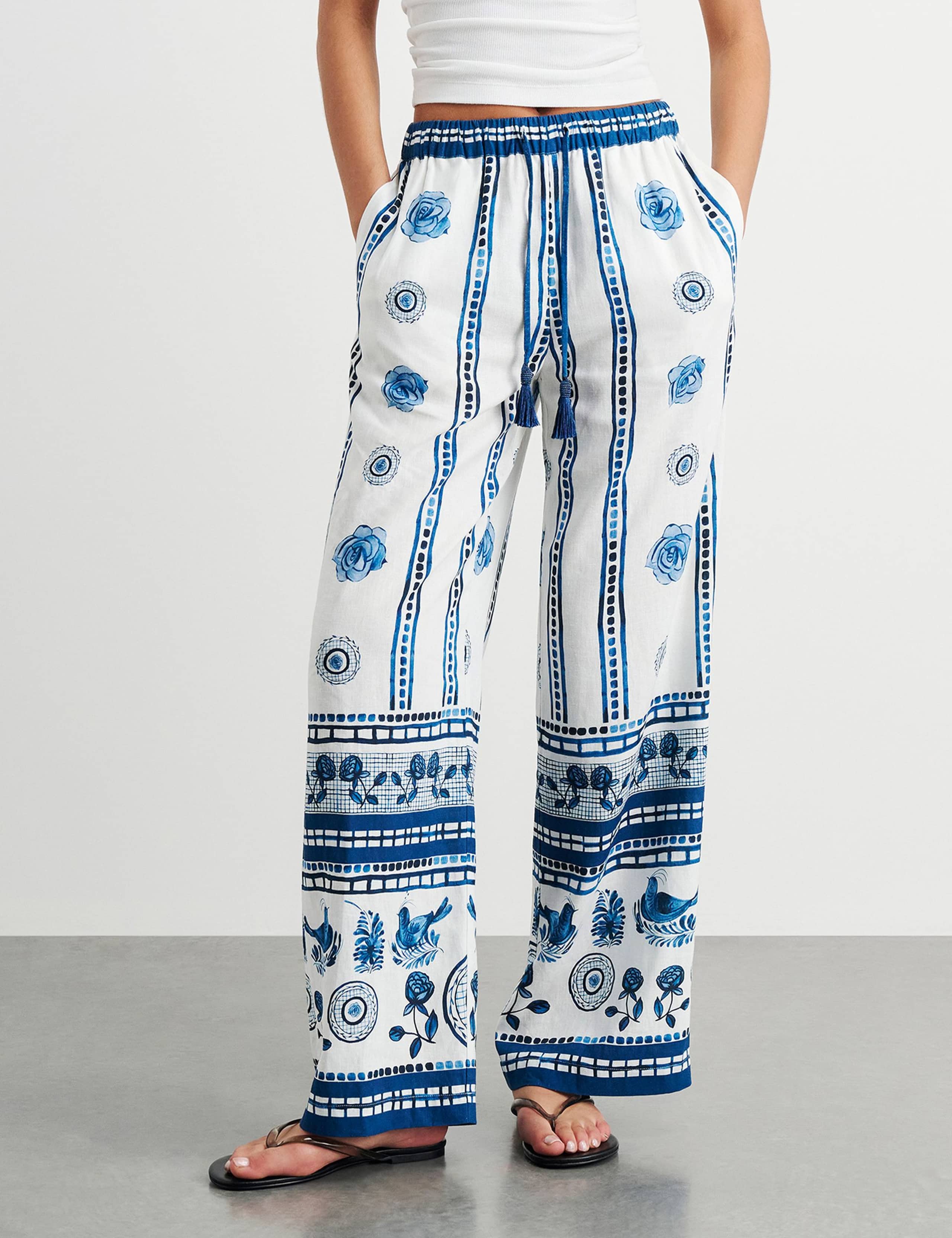 Linen Rich Lovebird Print Wide Leg Trousers