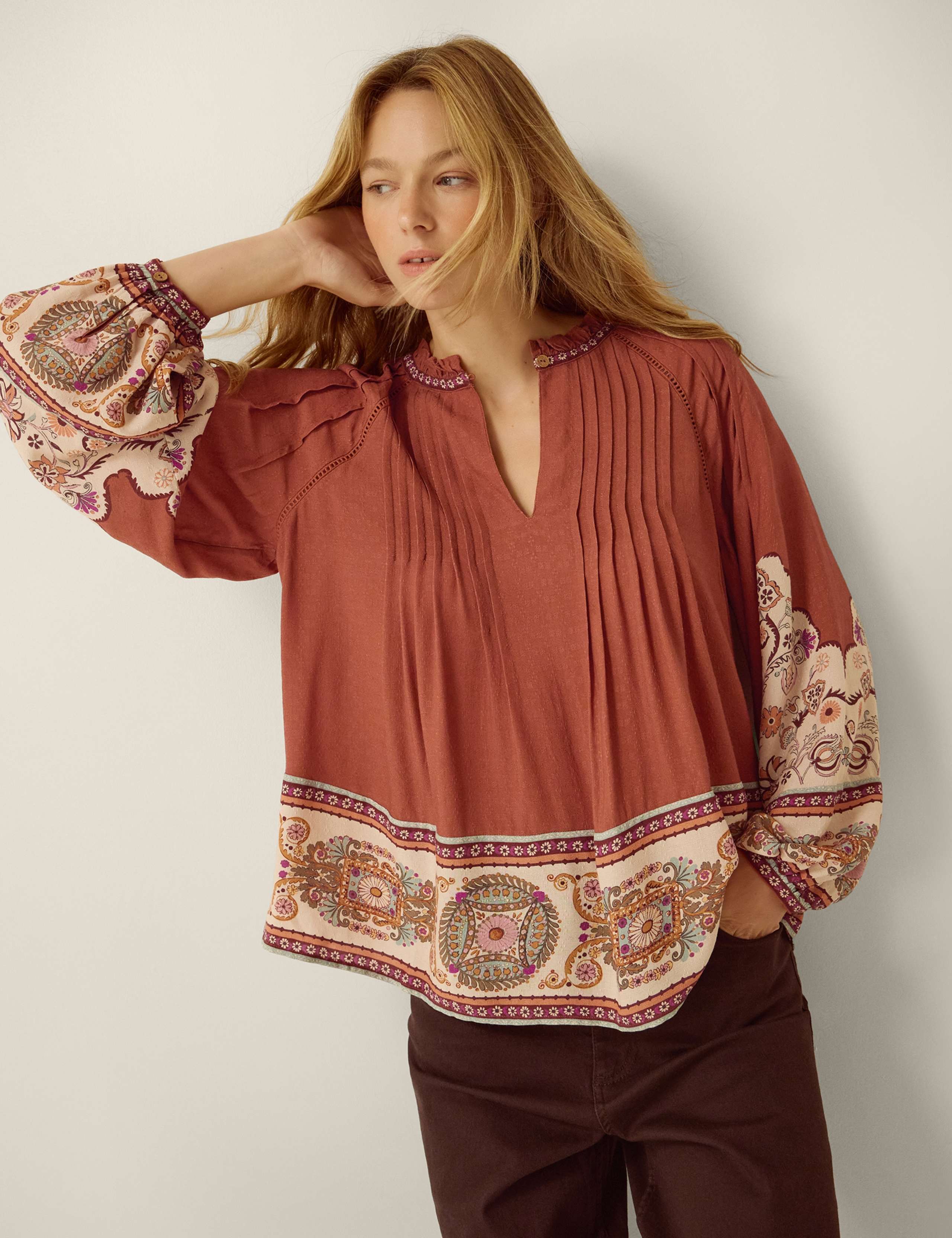 Printed Pintuck Blouse