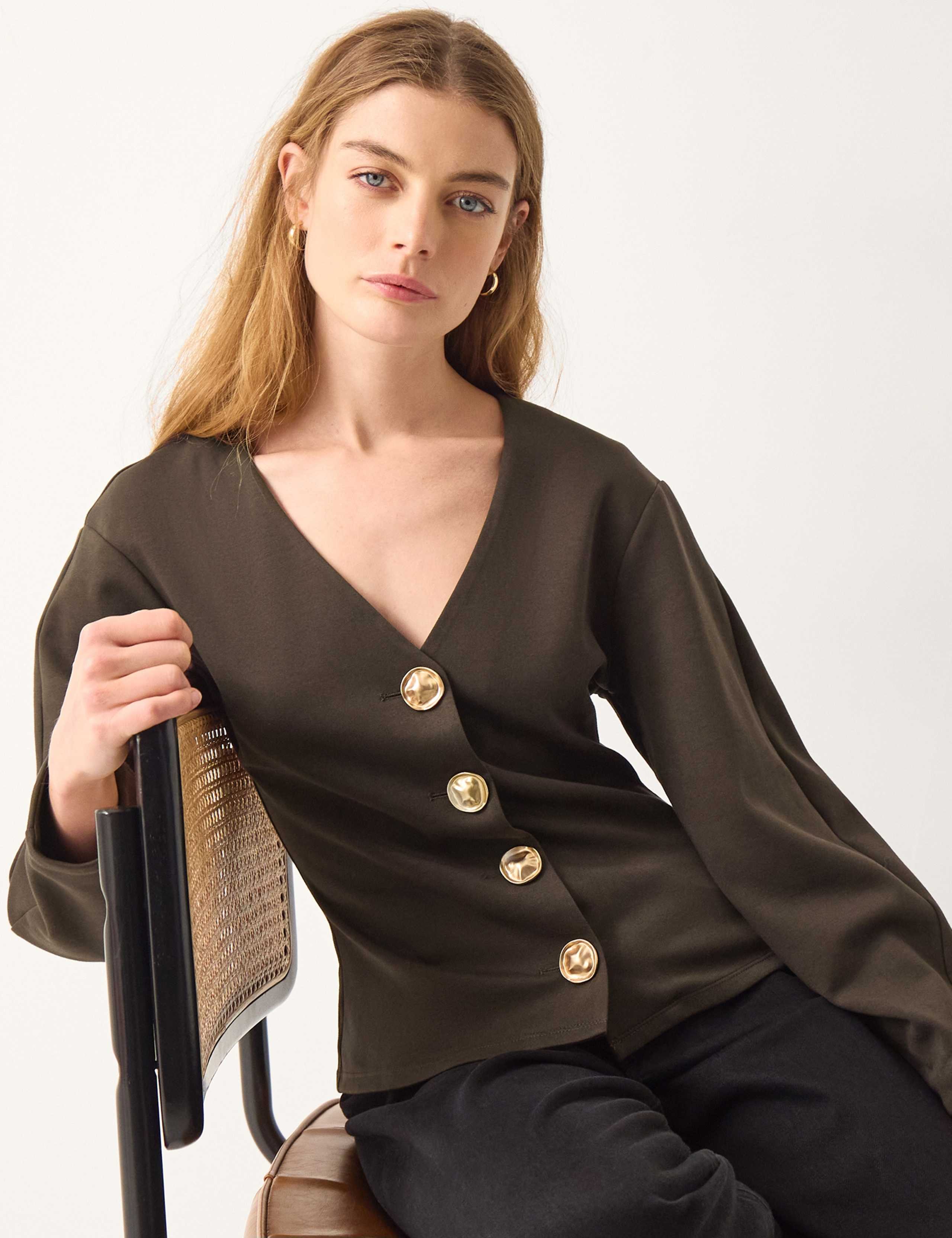 Jersey V-Neck Button Detail Top