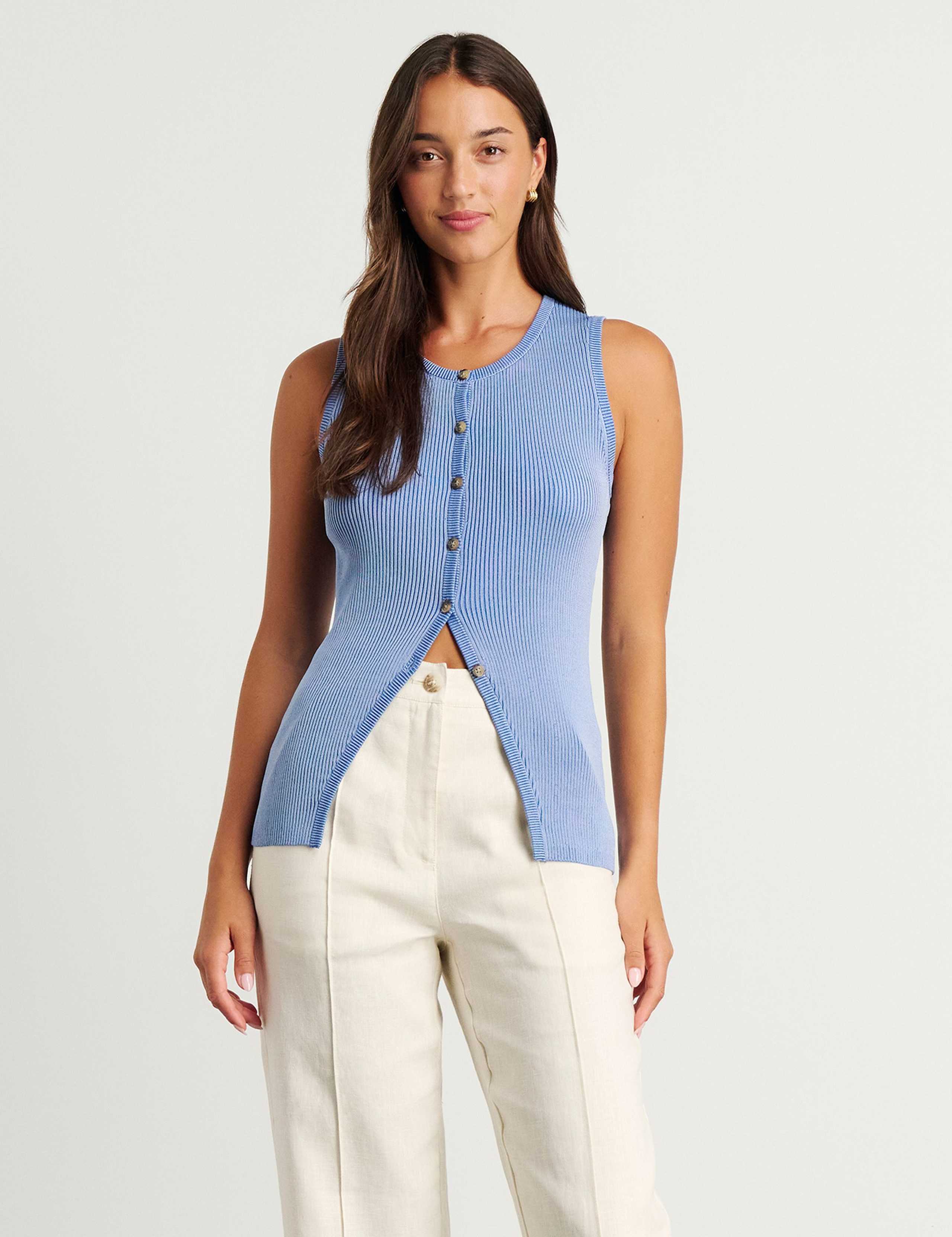 Ribbed Button Through Longline Vest Top