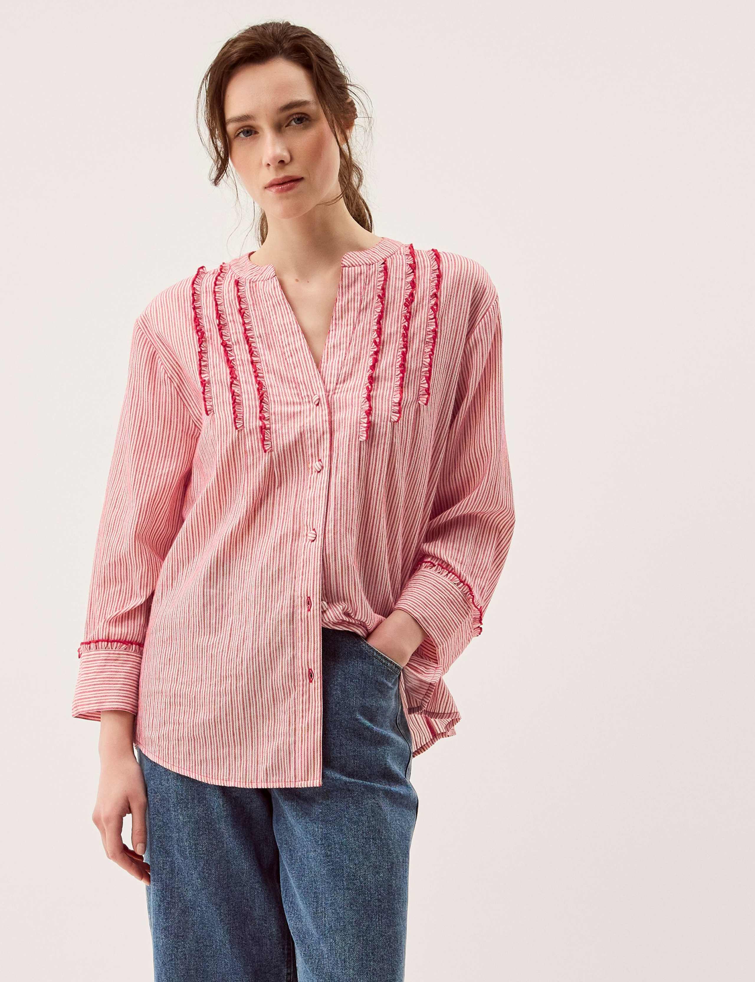 Pure Cotton Striped Notch Neck Ruffle Shirt