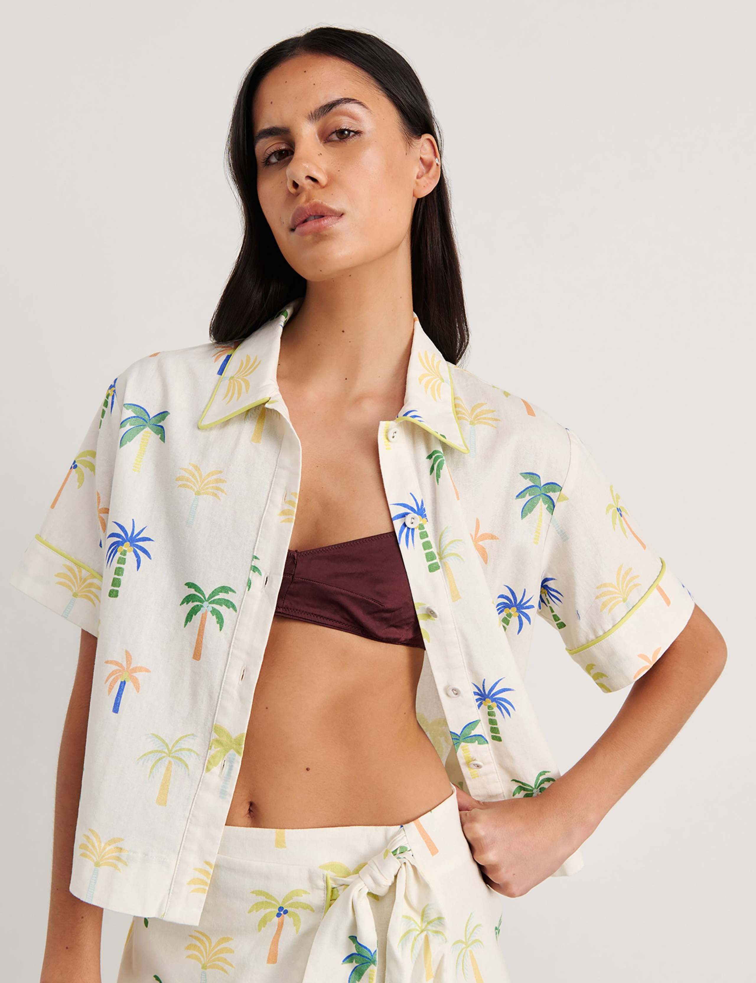 Linen Rich Palm Print Collared Shirt