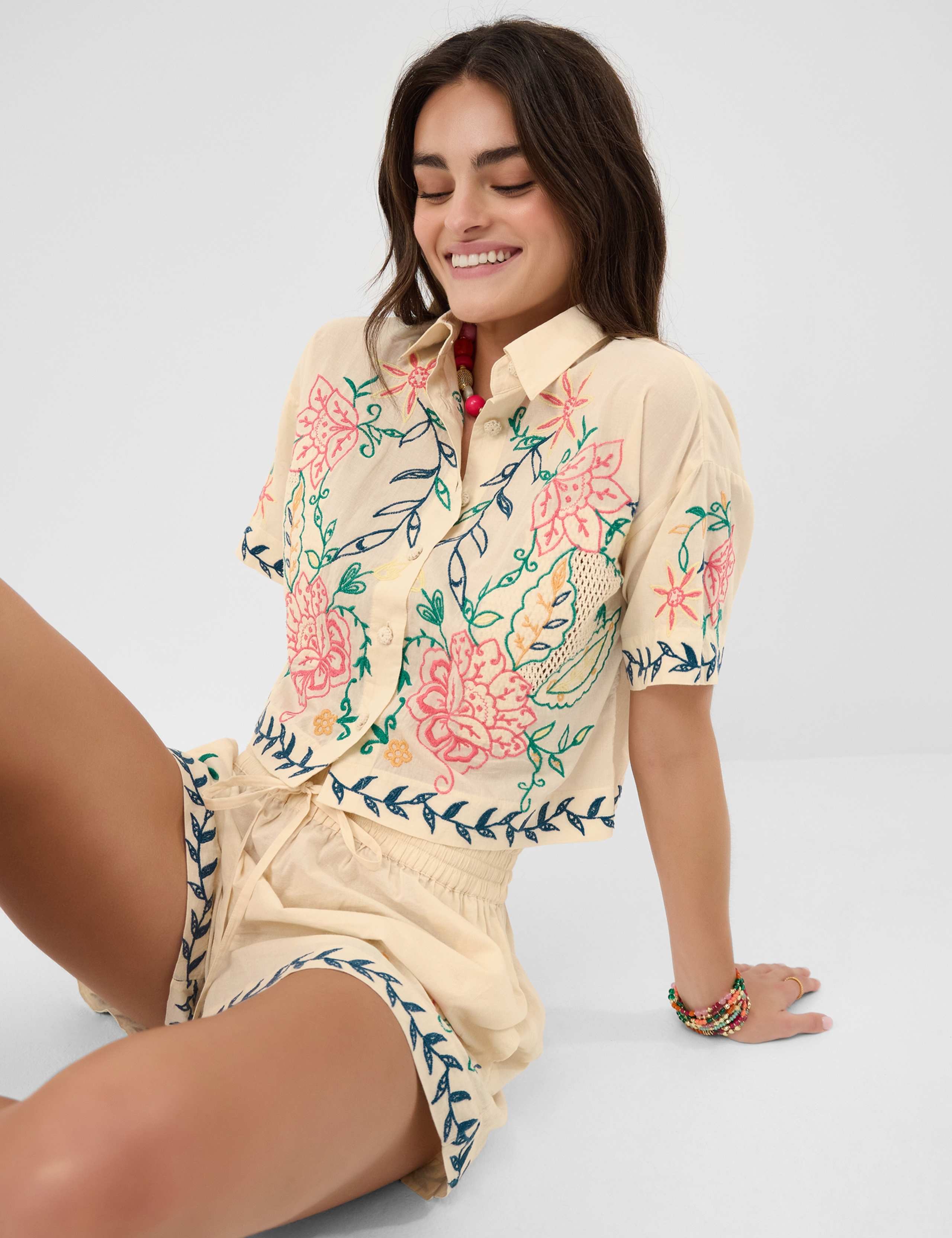 Pure Cotton Floral Embroidered Cutwork Shirt