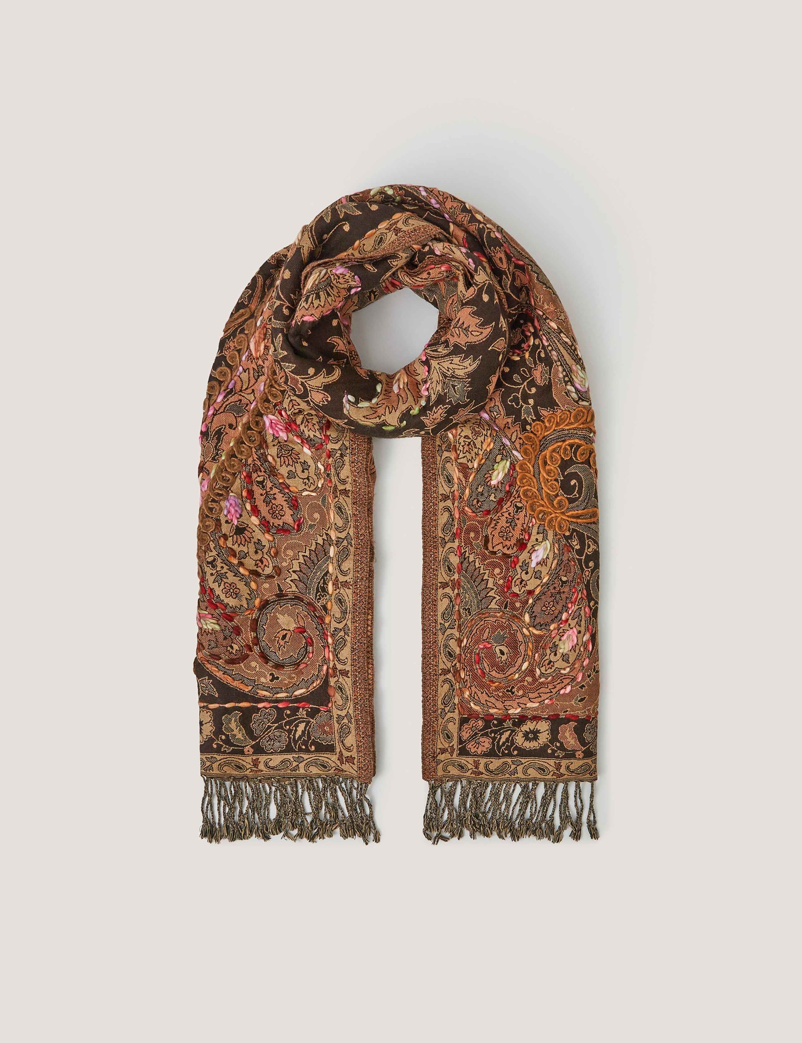 Embroidered Paisley Tassel Scarf