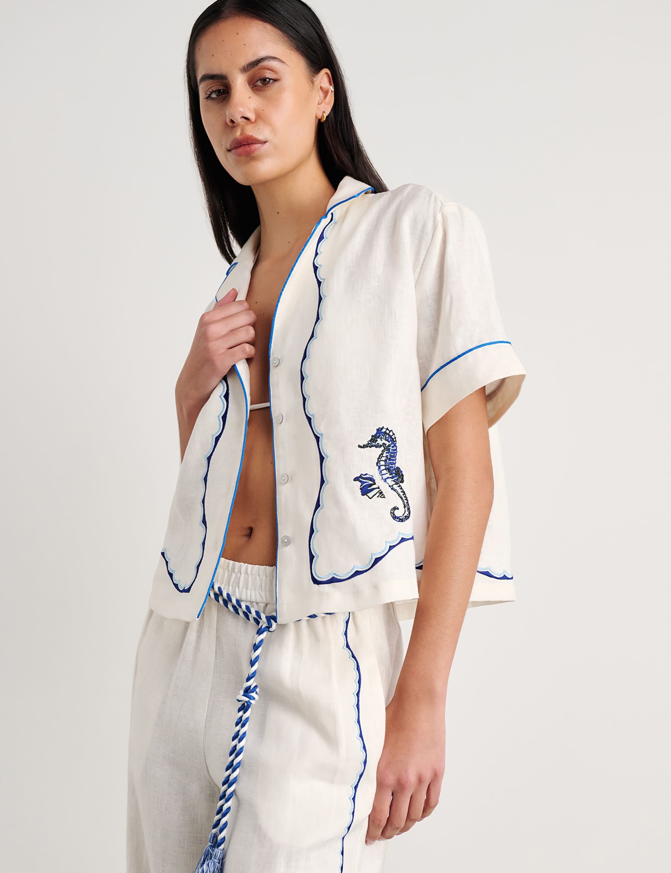 Pure Linen Seahorse Embroidery Cropped Shirt