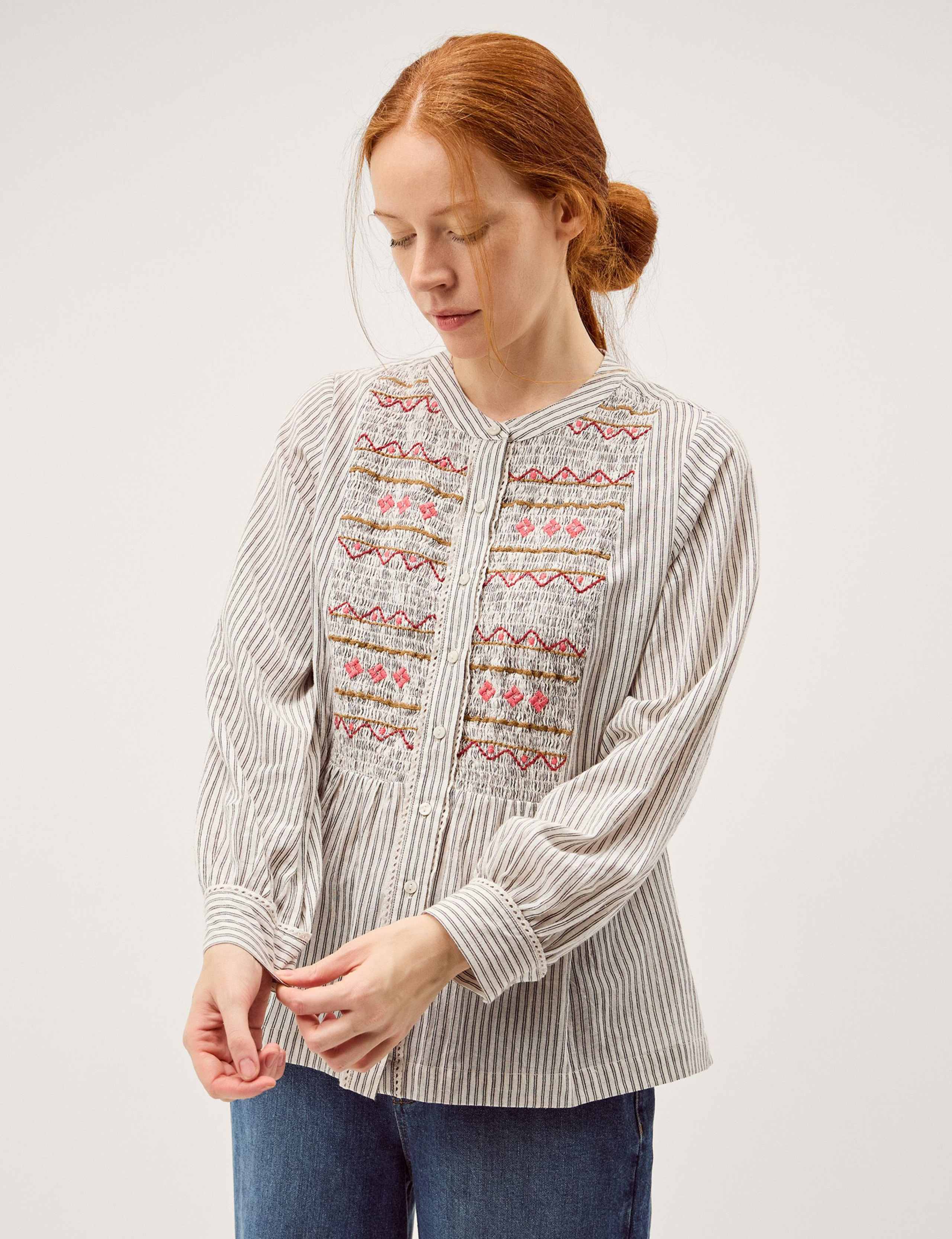 Cotton Rich Striped Shirred Shirt with Linen