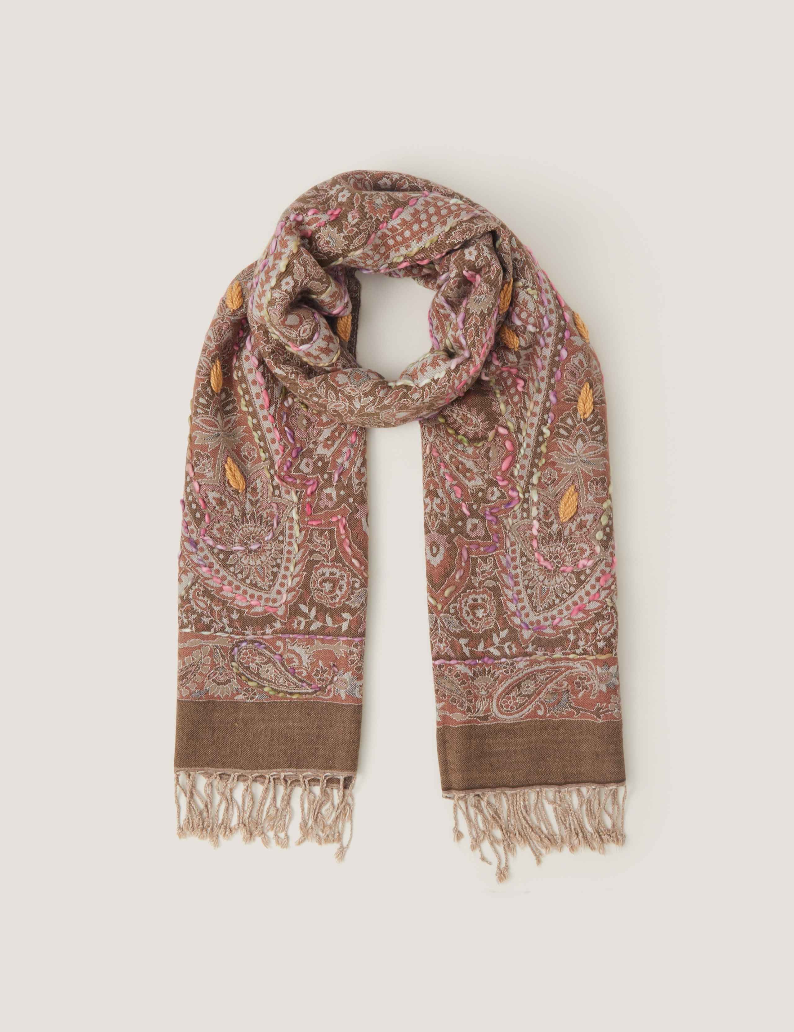 Embroidered Paisley Tassel Scarf