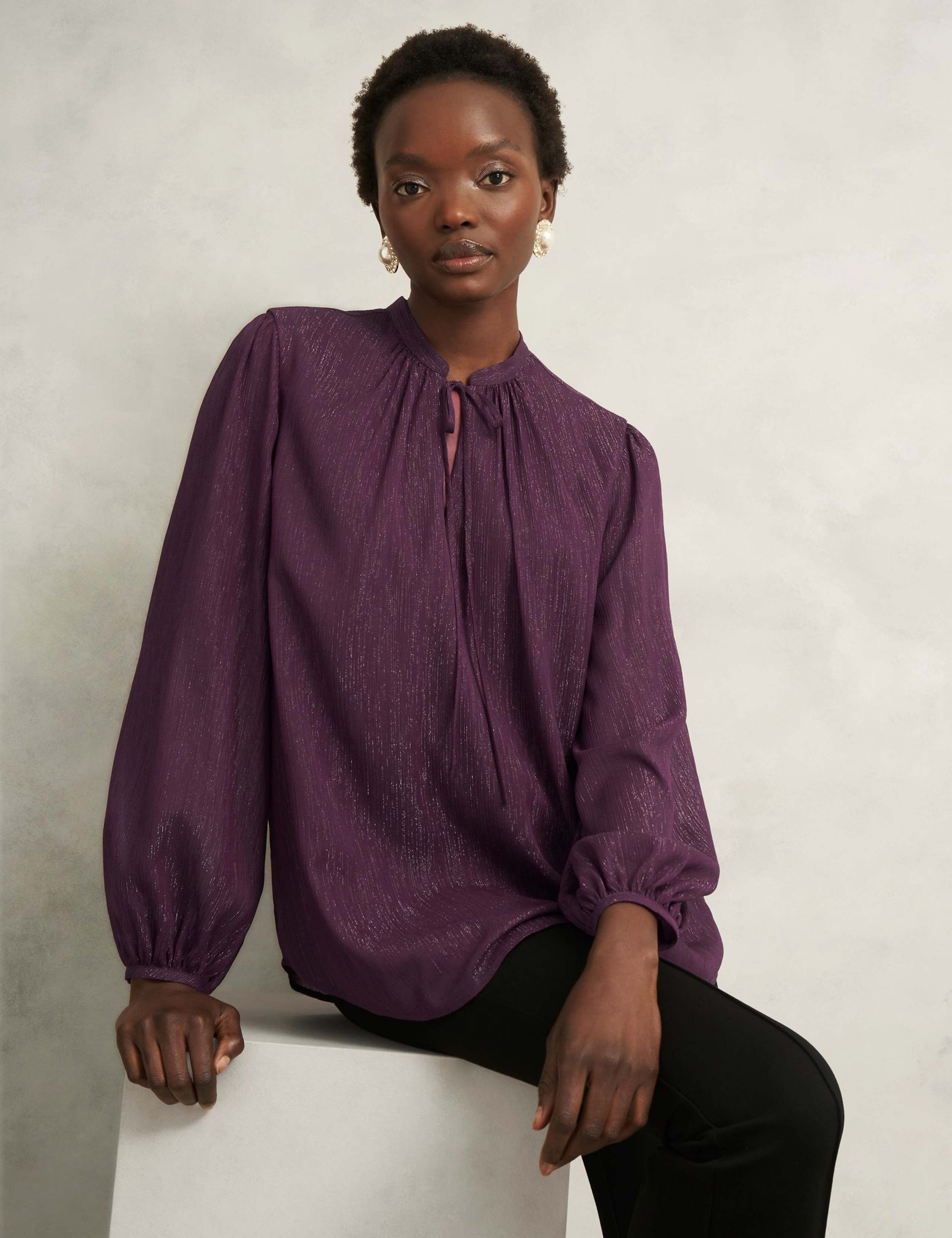 Textured Sparkly Tie Neck Relaxed Top
