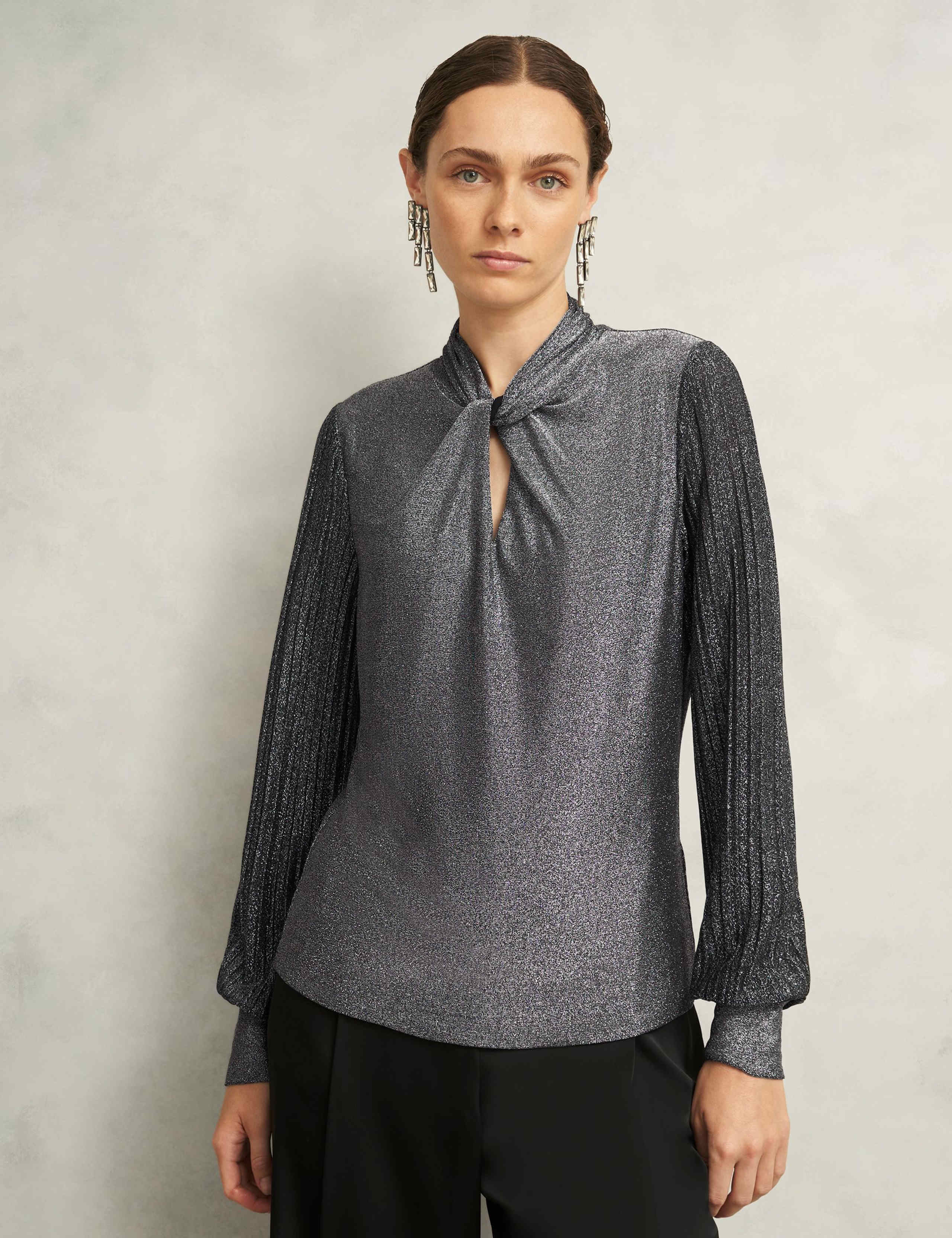 Sparkly Twist Front Blouson Sleeve Top