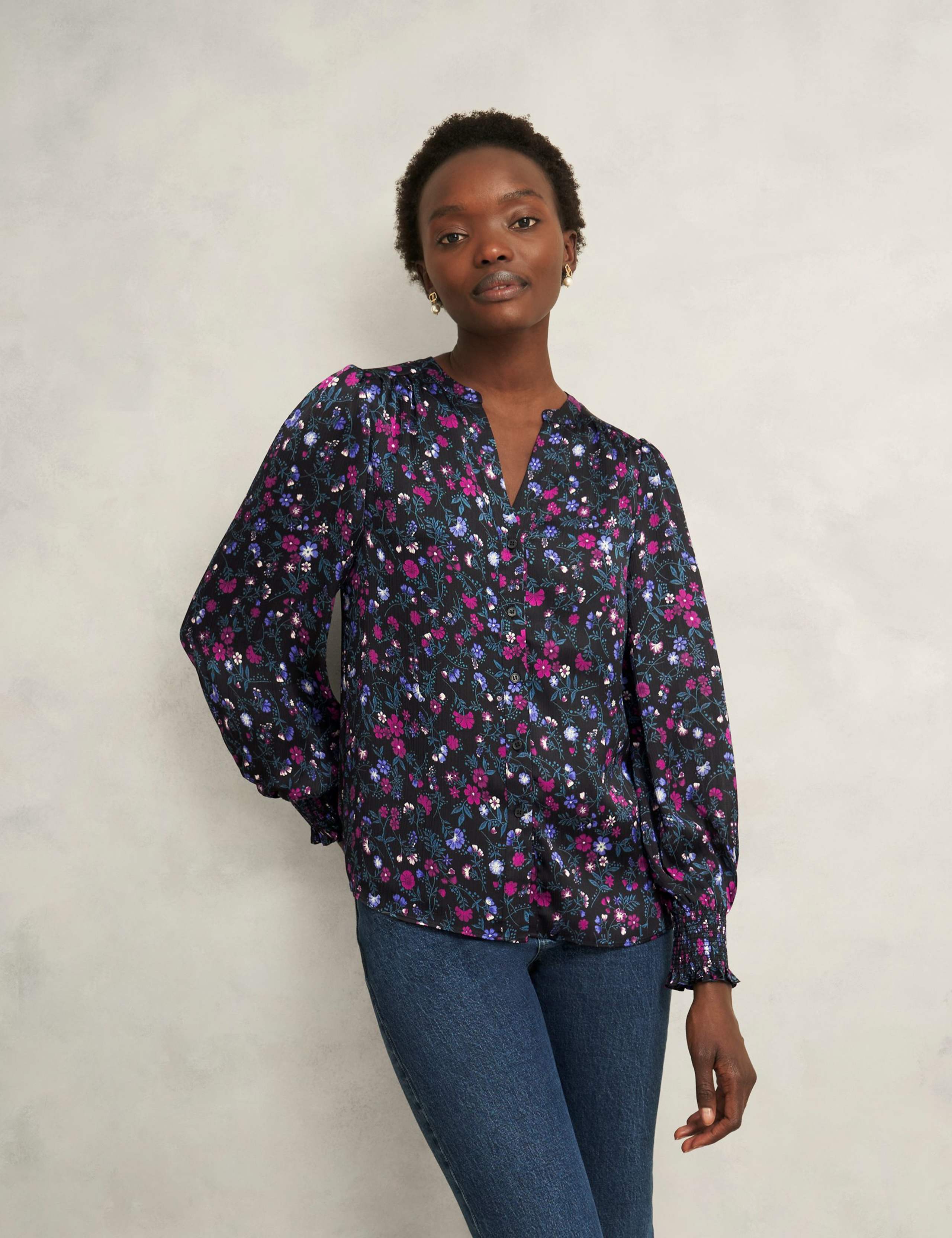 Floral V-Neck Blouson Sleeve Blouse