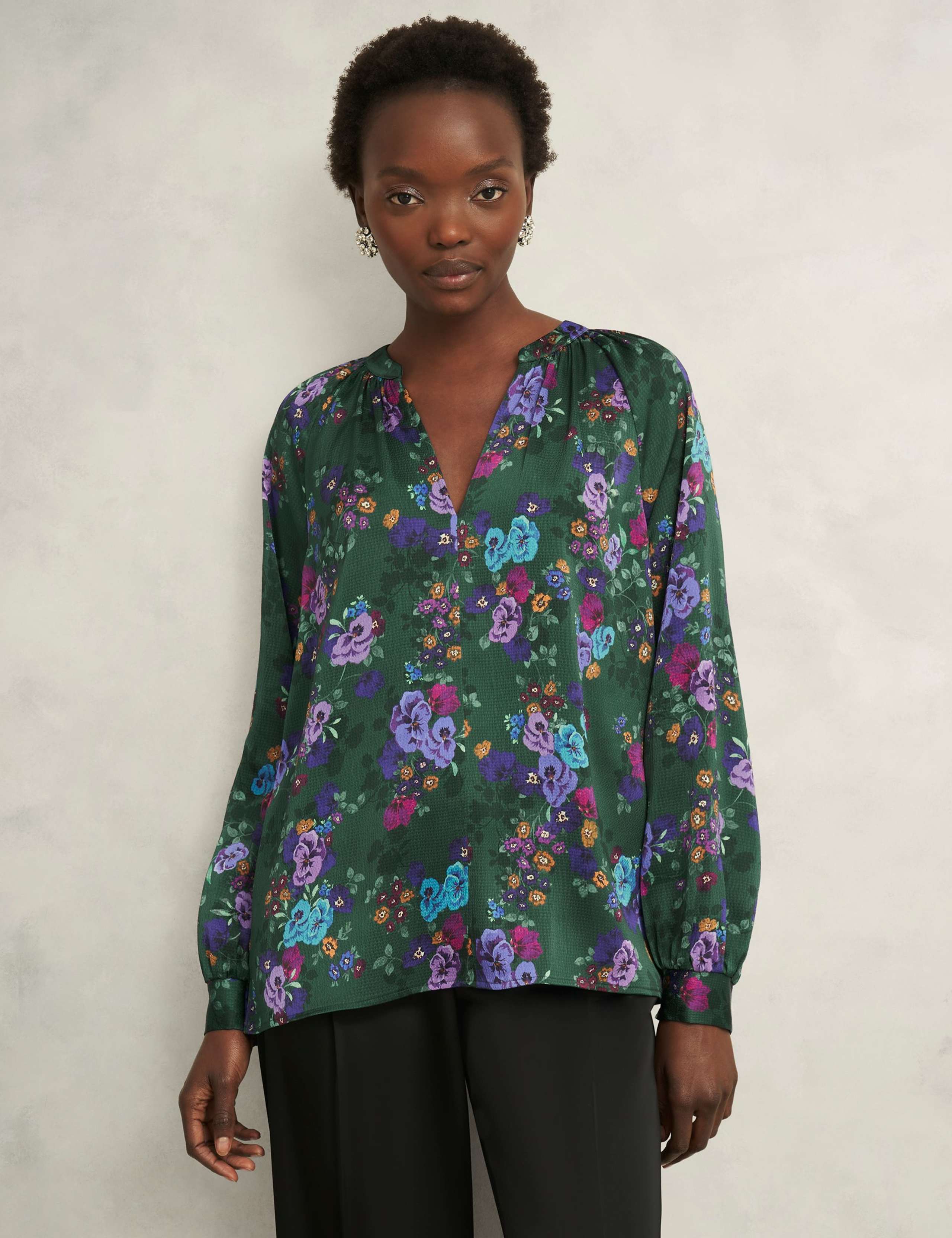 Satin Floral V-Neck Blouse
